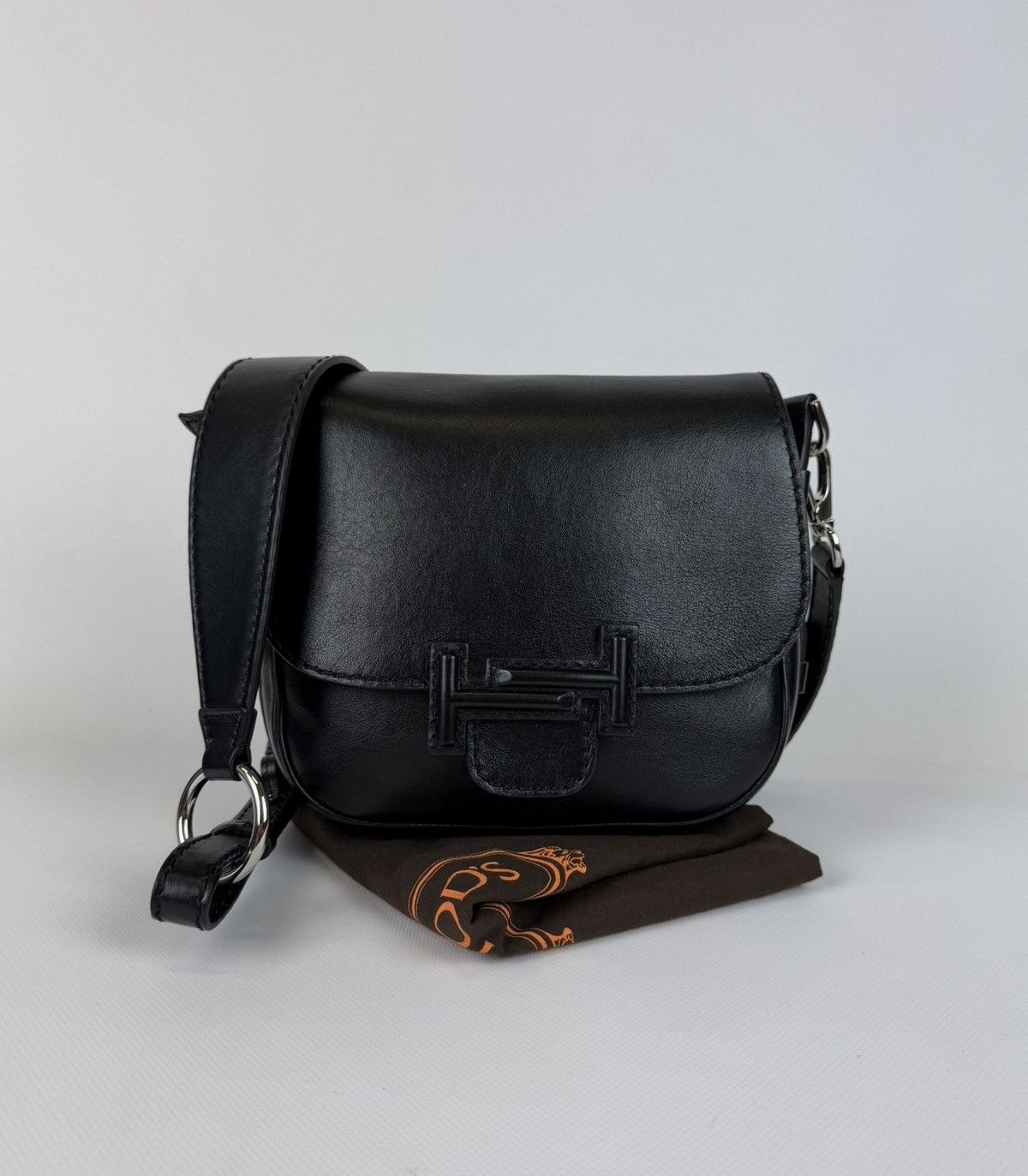 Designer Tod's Double T Black Leather Saddle Bag Calfskin Leather, Women's