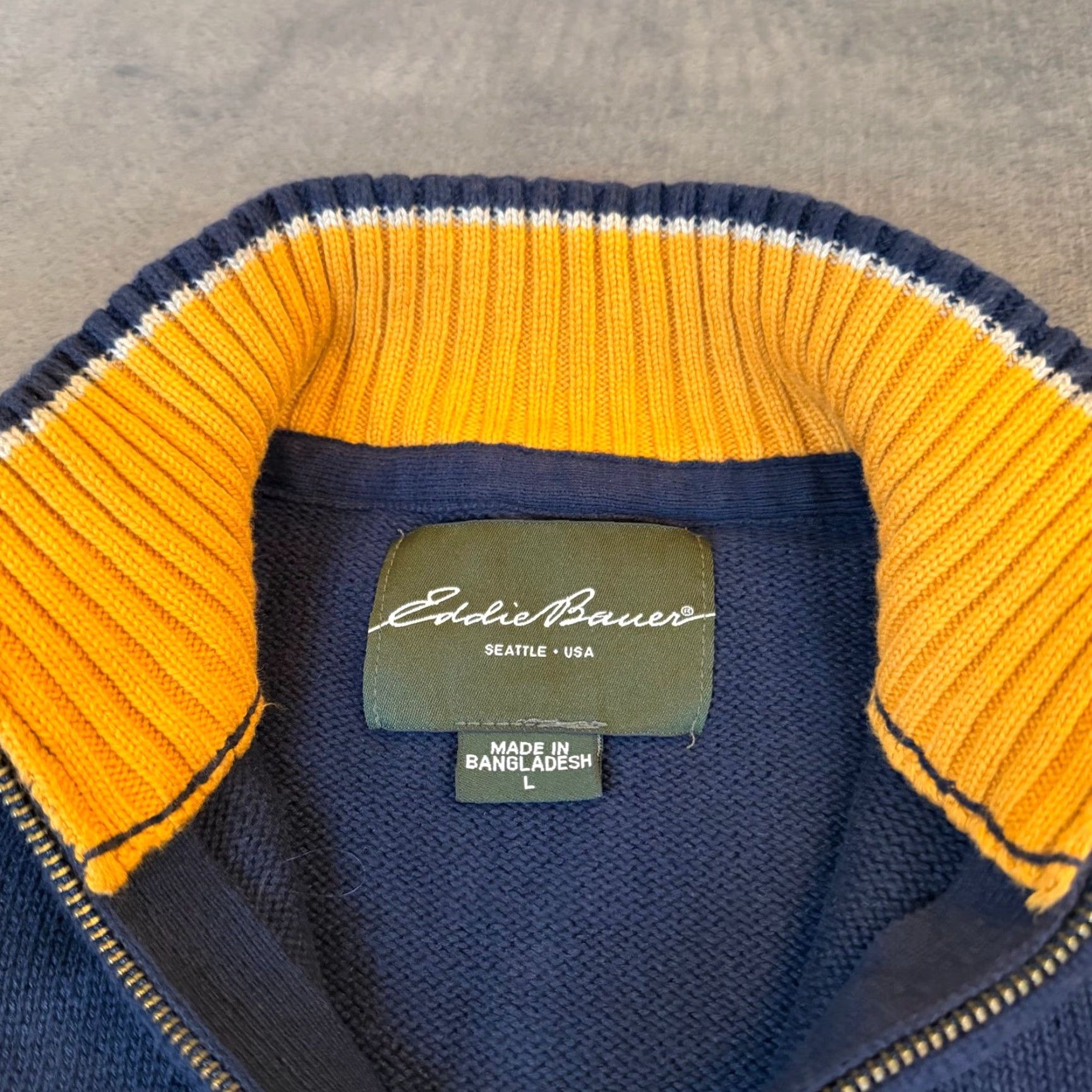 Eddie Bauer Eddie Bauer Mens Large Navy Blue Yellow Striped Quarter Zip Cotton Knit Sweater Size US L / EU 52-54 / 3 - 2 Thumbnail