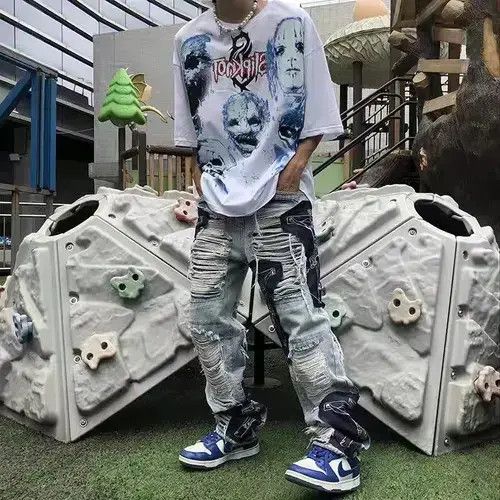 Japanese Brand × Jean High street tassel patch ripped baggy jeans Size US 32 / EU 48 - 4 Thumbnail