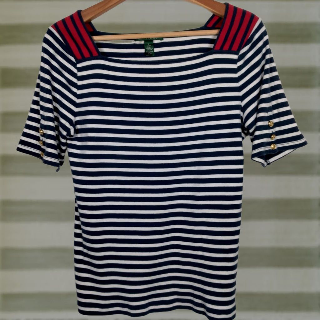 Ralph Lauren VINTAGE Lauren Ralph Lauren Shirt Women L Blue White Nautical Sailor Striped Gold Button Size L / US 10 / IT 46 - 1 Thumbnail
