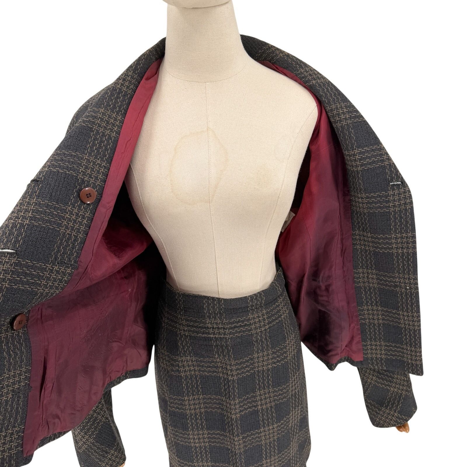 Emanuel Ungaro Vintage 90s Gray Wool Plaid Double Breasted Skirt Suit Size XL / US 12-14 / IT 48-50 - 6 Thumbnail