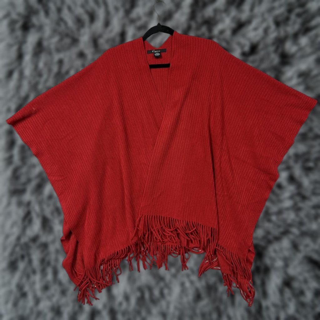 Vintage Cejon Cape Sweater One Size Red Open Front VNeck Fringe Boho Cozy Cape Knit Kimono Sleeve Bohemian Women's Sweater Casual Fall Winter OSFM Size ONE SIZE - 1 Thumbnail