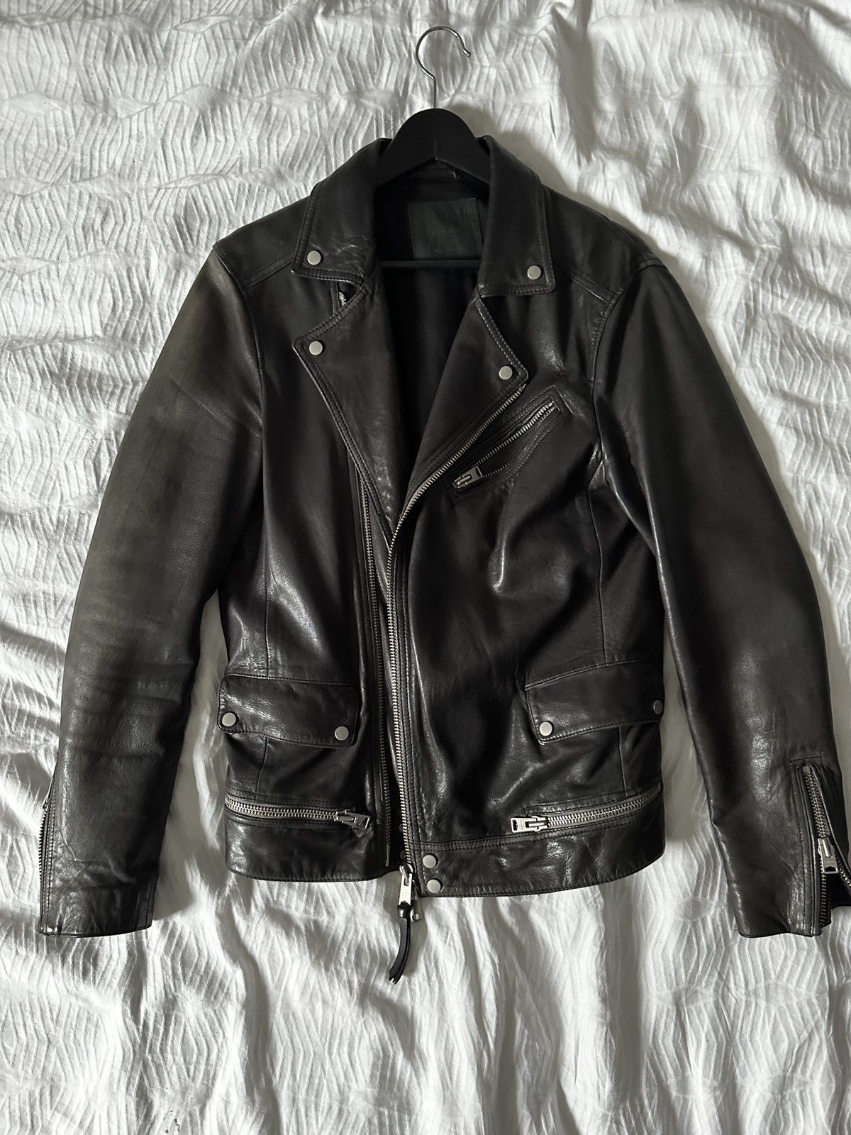 image of Allsaints Leather Biker in Black Wash, Men's (Size XS)