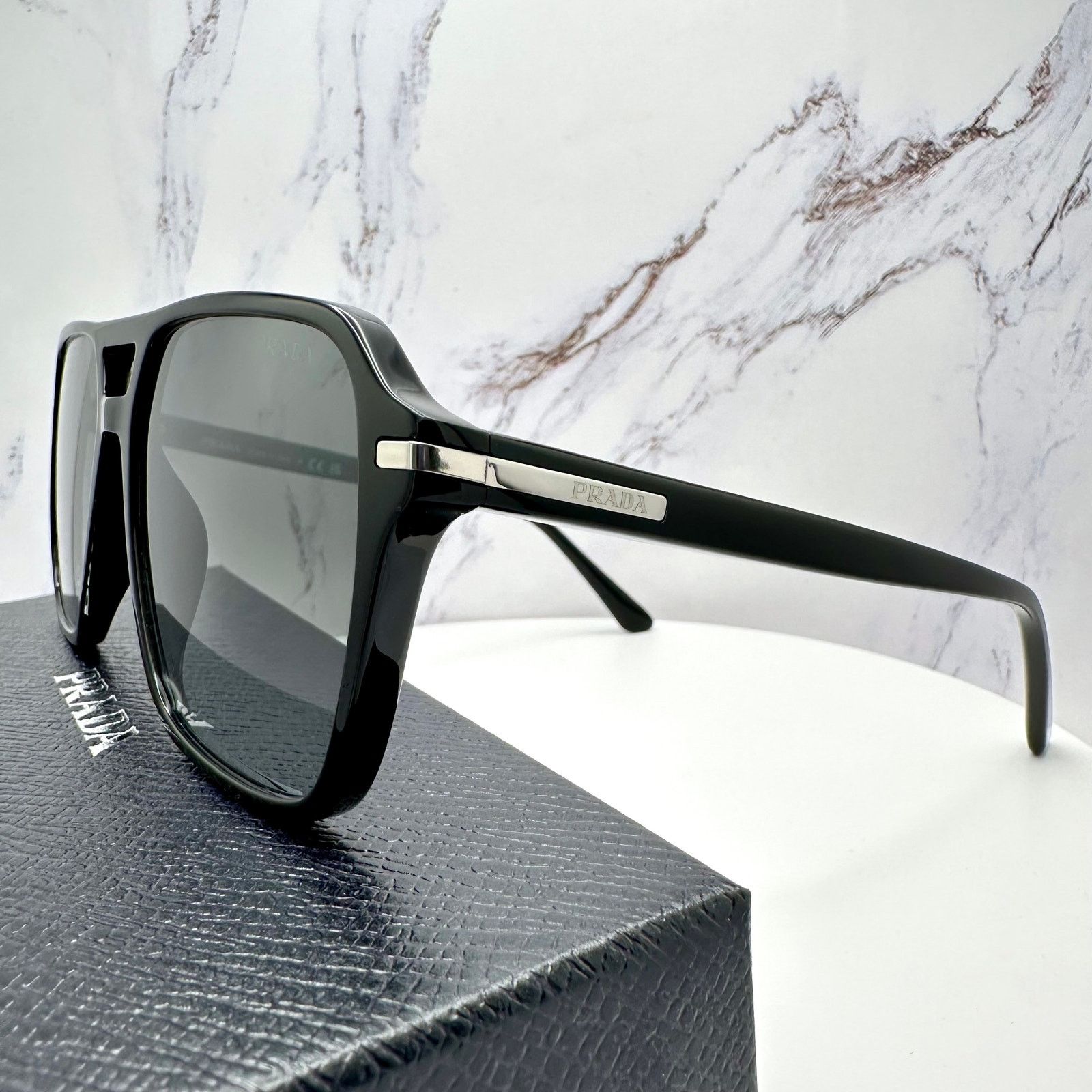 Prada NEW PRADA Sunglasses Black Aviator Pilot Grey Lens Side Logo Size ONE SIZE - 12 Thumbnail