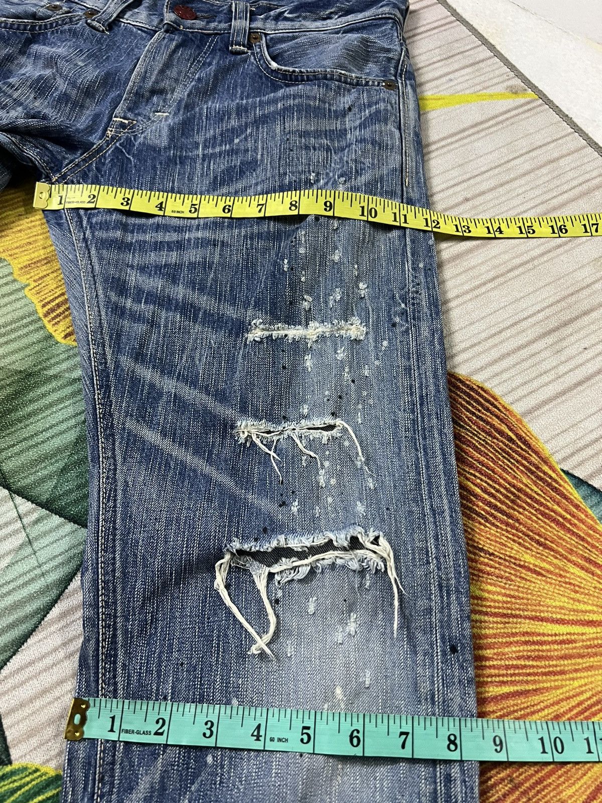 Edwin × Japanese Brand VTG EDWIN 503 BLUE TRIP SPLATTER DISTRESSED JEANS Size US 31 - 16 Thumbnail
