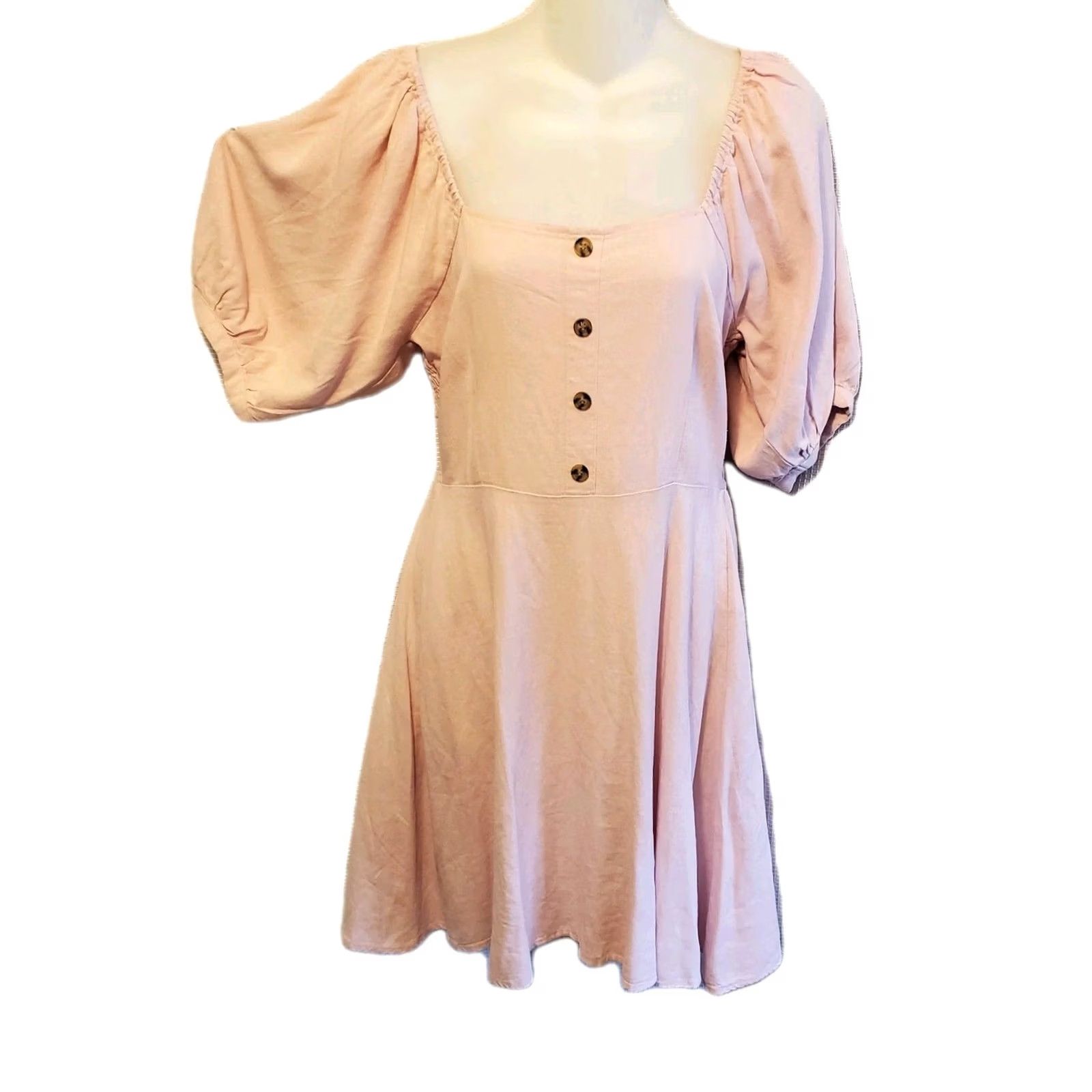 Vintage Vera Moda Pink Linen Mini Dress Balloon Sleeve Square Neck Pullover S Short Women Size S / US 4 / IT 40 - 2 Thumbnail