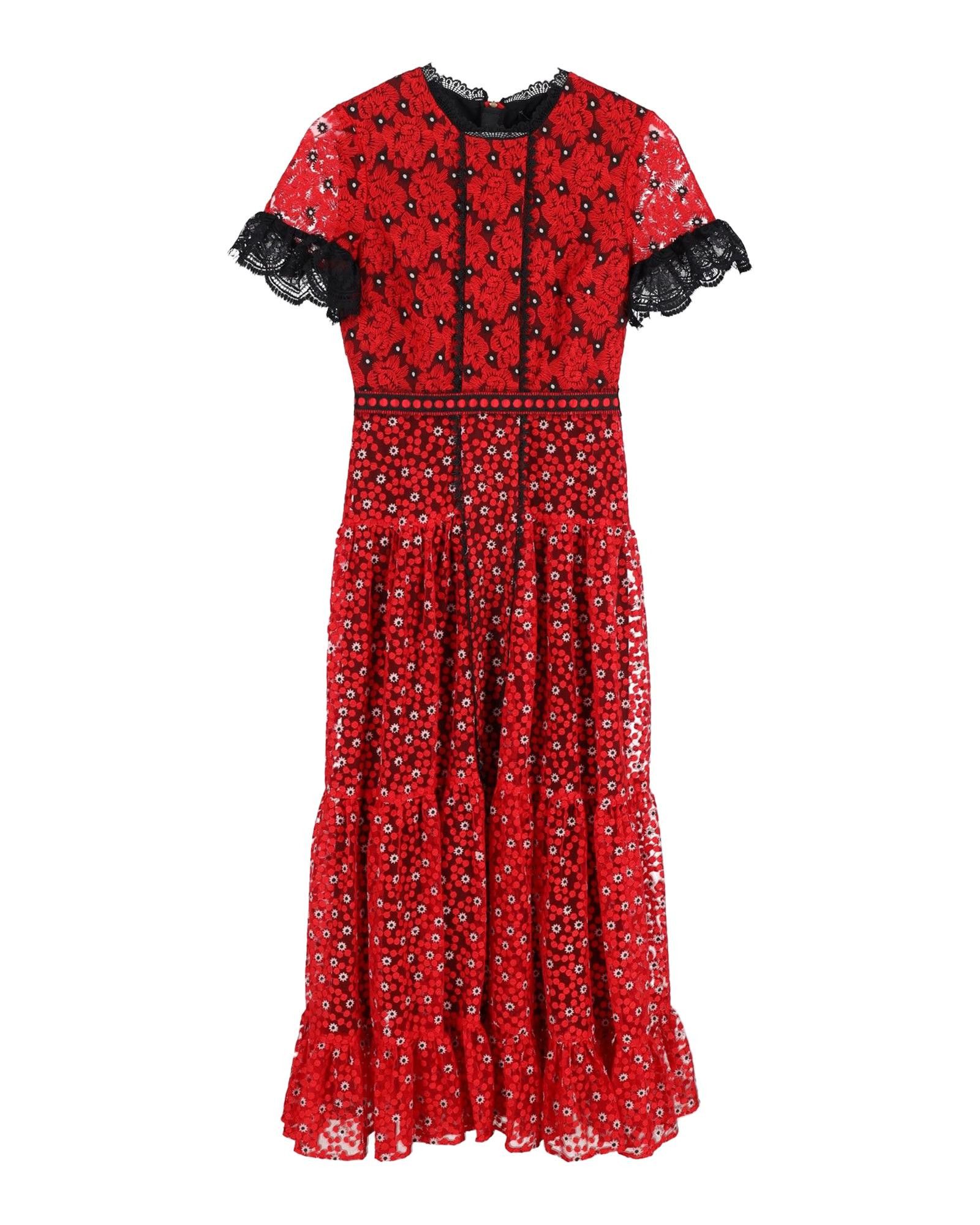 image of Saloni Floral Lace-Trimmed Midi Dress In Red Polyester, Women's (Size XS)