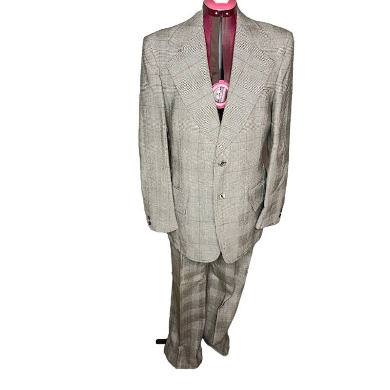 Vintage suit plaid black white brown 1980s Size 44R - 1 Thumbnail
