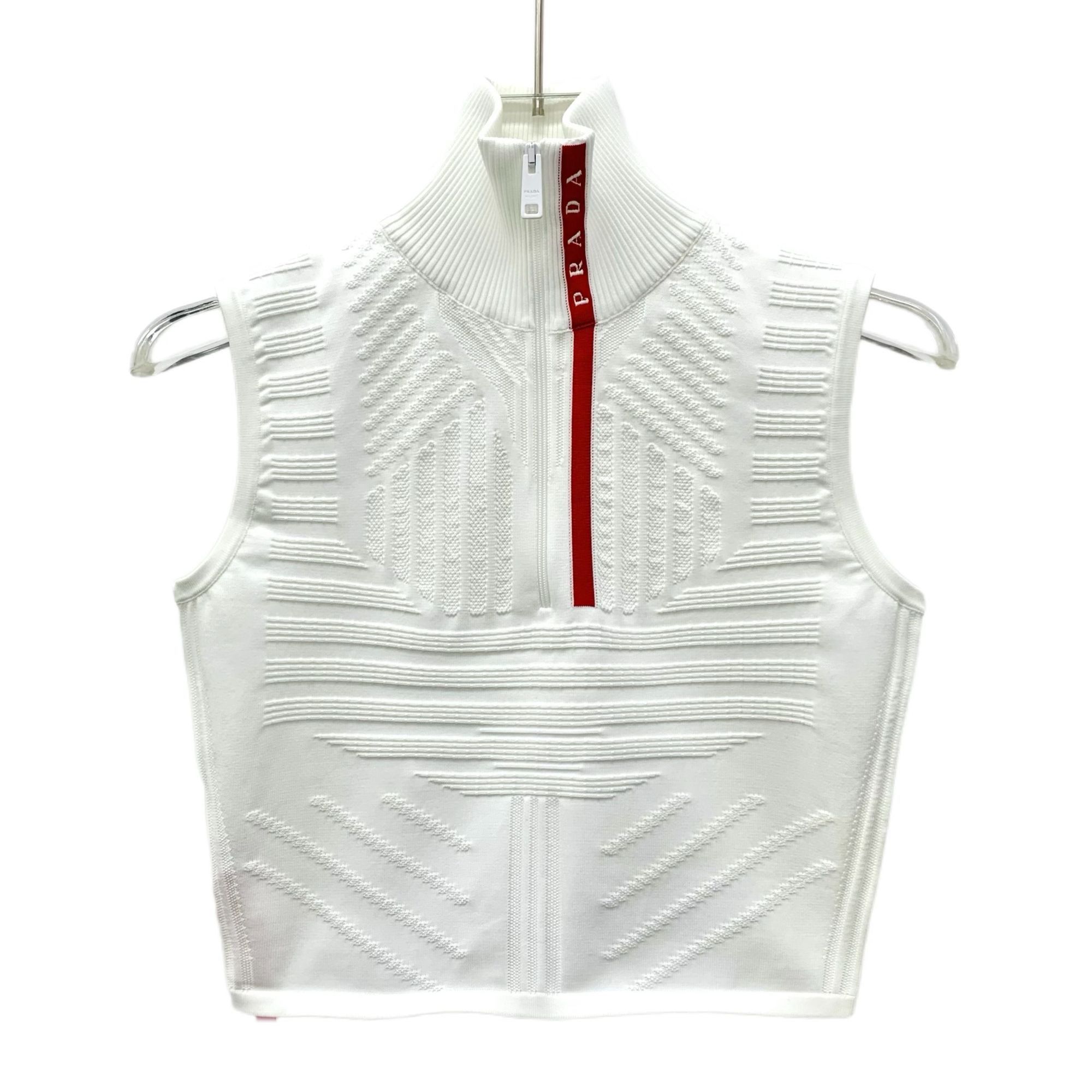 Prada Prada White Ribbed Standneck Semi-Zip Sleeveless Knitted Ves Size S / US 4 / IT 40 - 1 Thumbnail