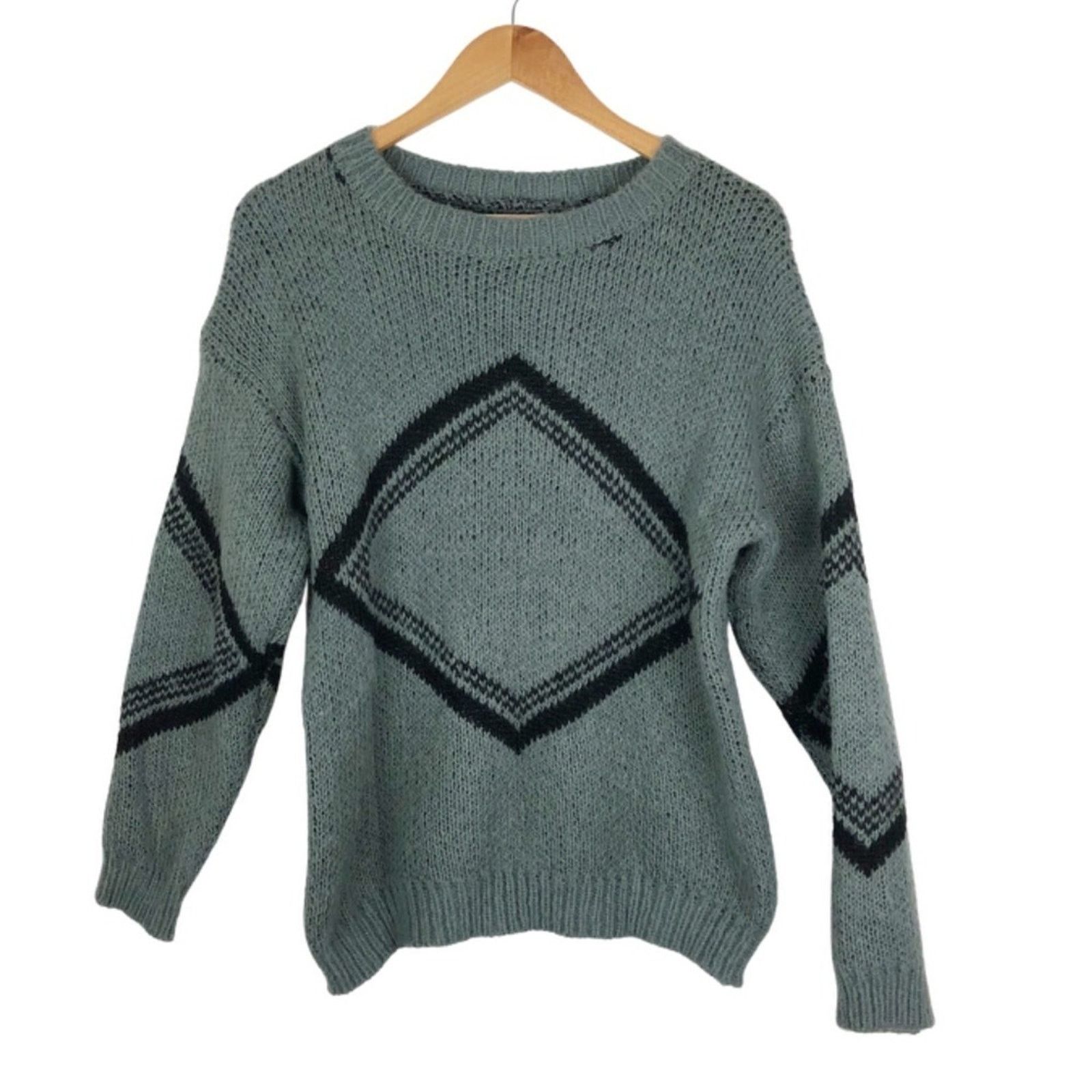 Other Handmade Knit Women’s Grey Geometric Retro Pullover Sweater Size L / US 10 / IT 46 - 1 Thumbnail