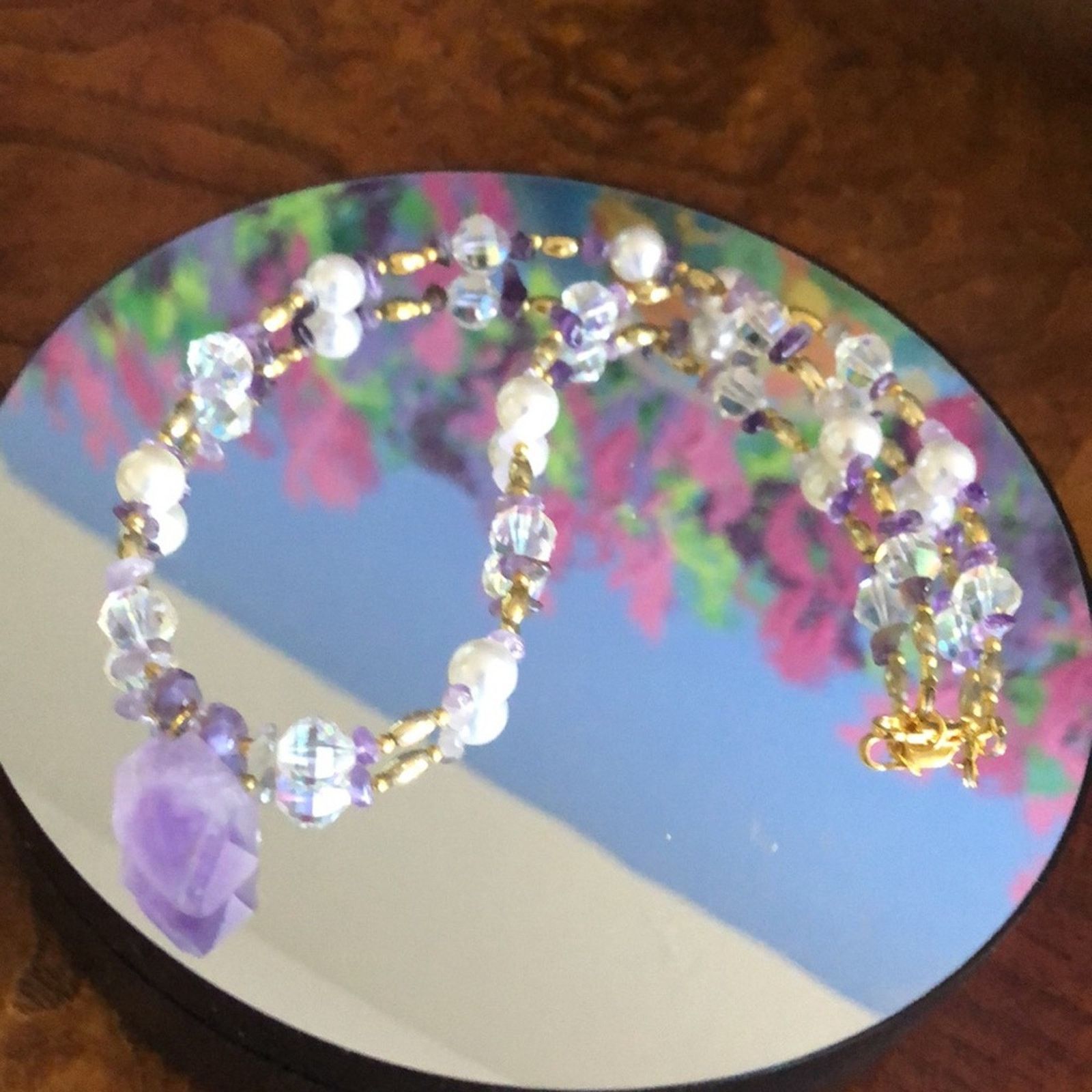 Handmade Handcrafted repurpose genuine amethyst slab pearl necklace Size ONE SIZE - 2 Thumbnail