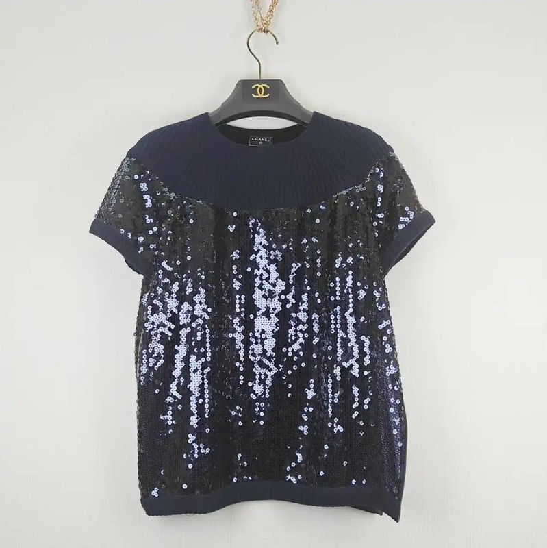 Chanel Chanel Navy Cotton Blend T-Shirt 0089 Size L / US 10 / IT 46 - 1 Thumbnail