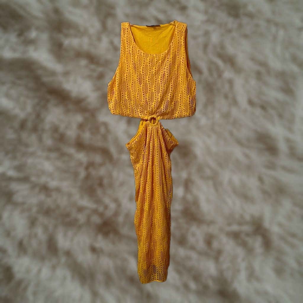 Vintage Eloquii Dress Plus 24 Women's Sexy Curvy Party/cocktail Knit Cotton Blend Yellow Short Sleeve Bell Sleeve Round Neck Zip Long Dress (Size 4xl)