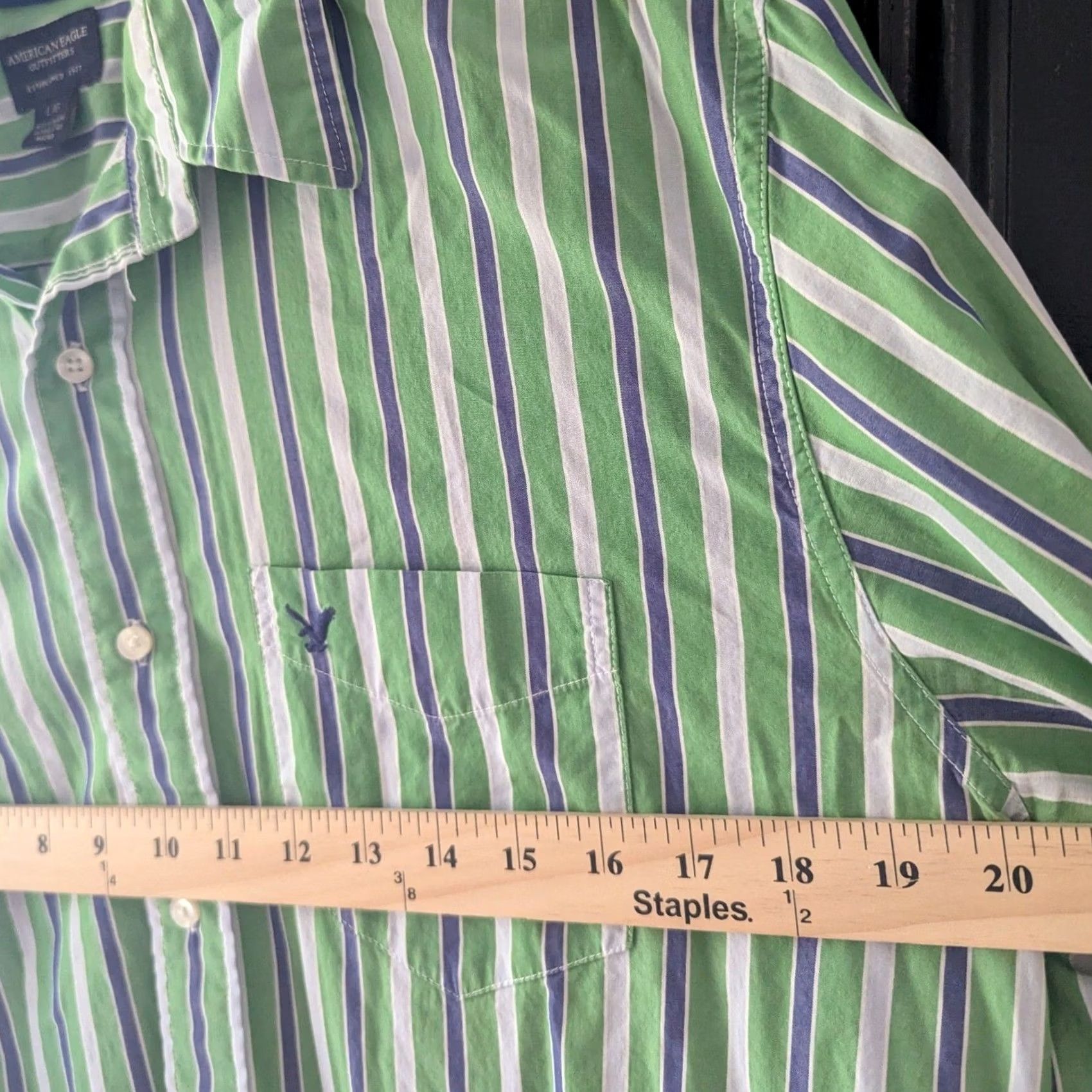 American Eagle Outfitters American Eagle Button-Up Shirt Striped Slim Fit Green Blue Mens Sz L Vintage Long Sleeve Collared Chest Pocket Cotton Size US L / EU 52-54 / 3 - 7 Thumbnail