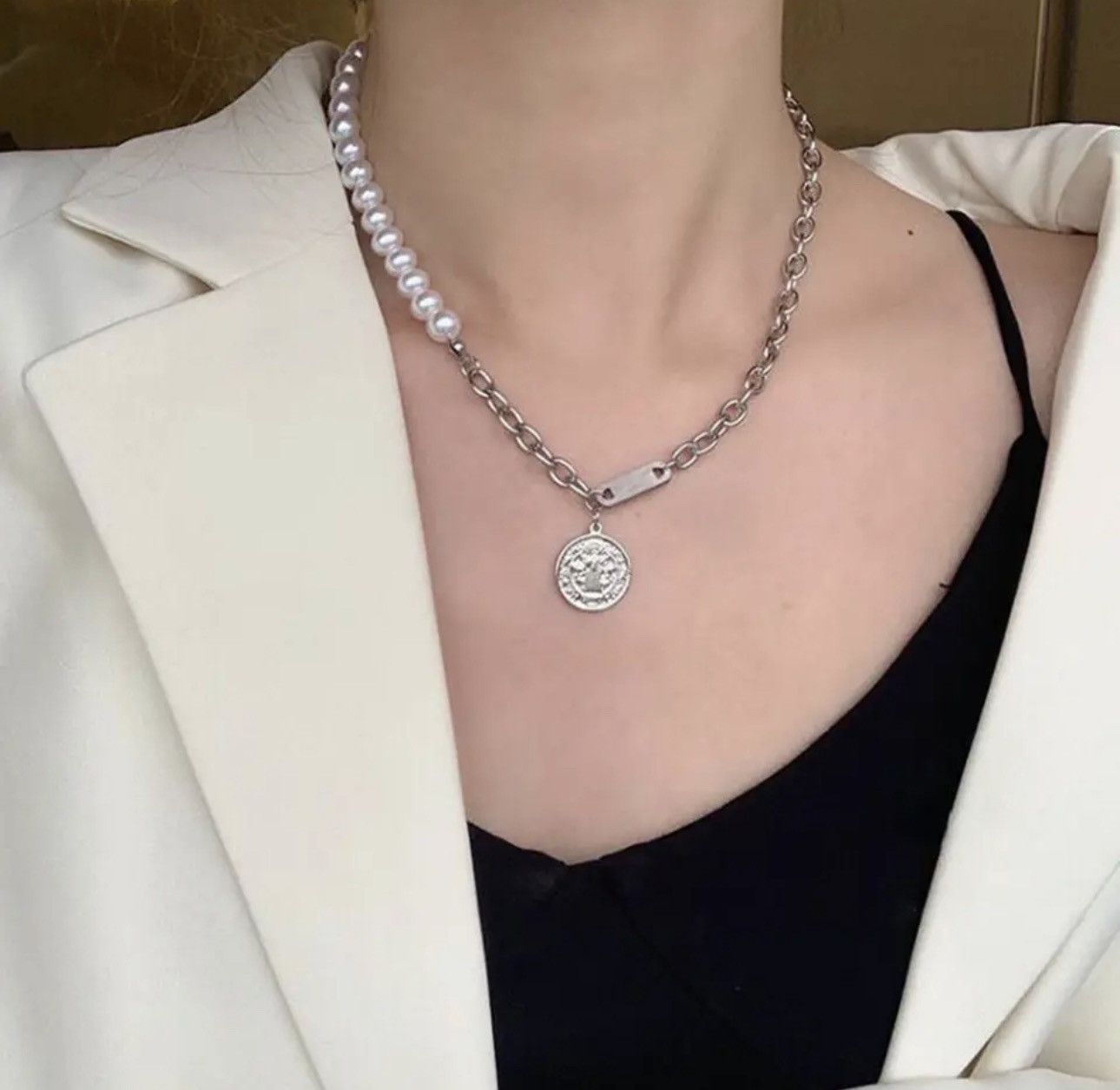 Jewelry × Vintage Pearl Metal steel Necklace Chain Size ONE SIZE - 1 Thumbnail
