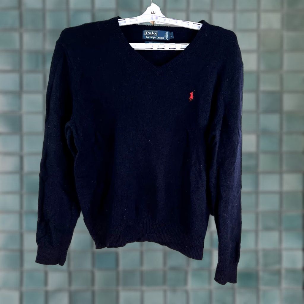 Polo Ralph Lauren VTG Ralph Lauren Polo Sweater Mens L Blue 100% Lambswool V-Neck Cable Knit Distressed Logo 90s Classic Size US L / EU 52-54 / 3 - 1 Thumbnail
