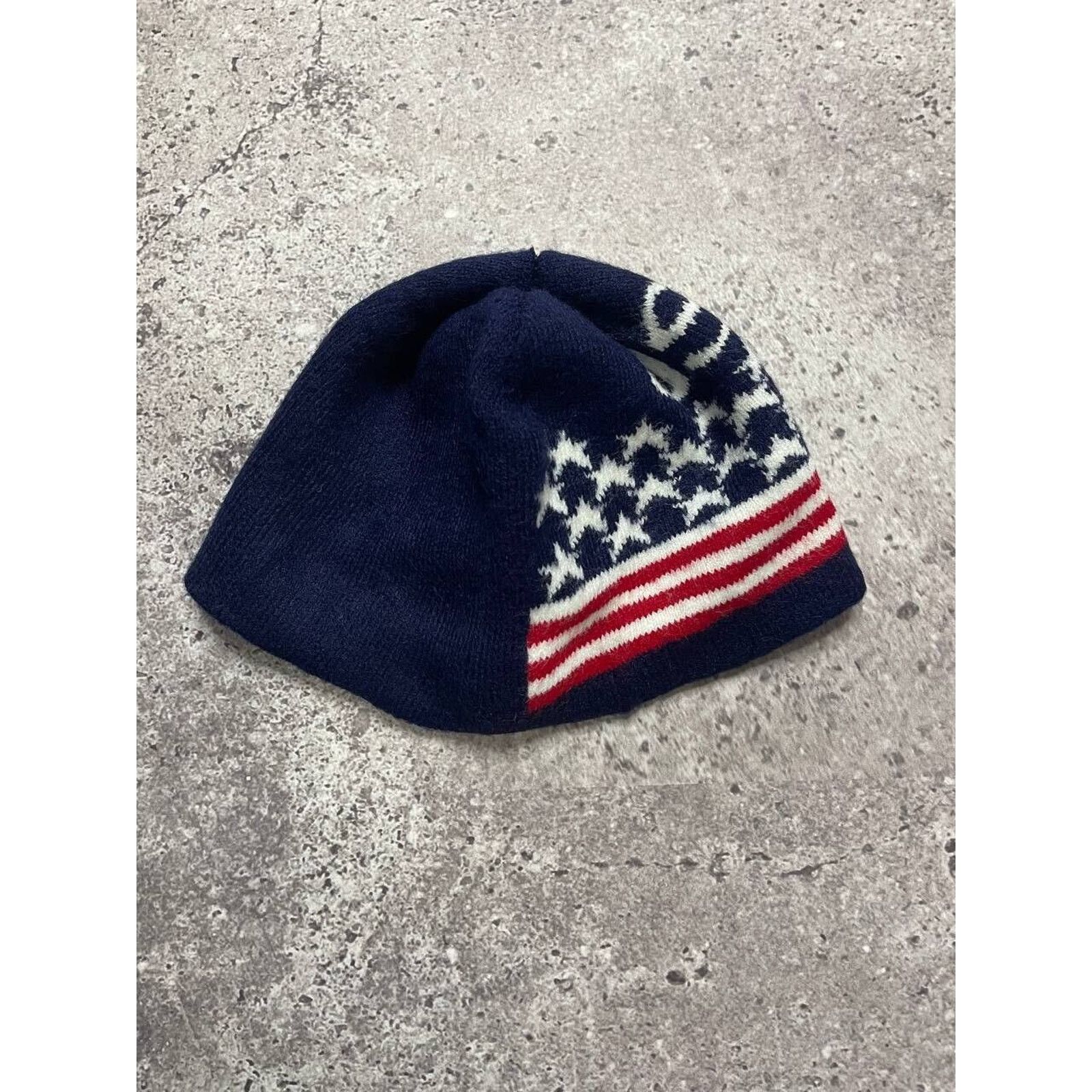 Vintage Vintage Lucky 7 USA American Flag Knit Beanie Hat Navy Red Size ONE SIZE - 3 Thumbnail