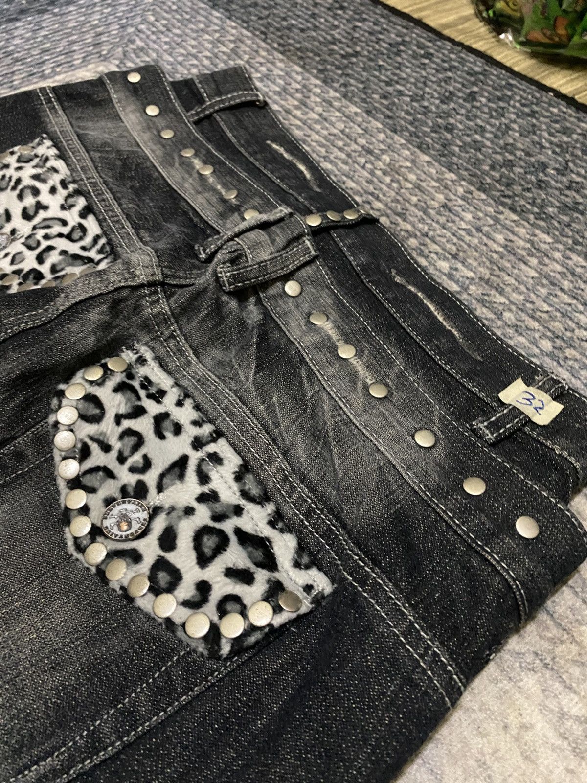 Japanese Brand HPP DOUBLE WAIST DISTRESSED STUD FLARED JEAN Size US 31 - 13 Thumbnail