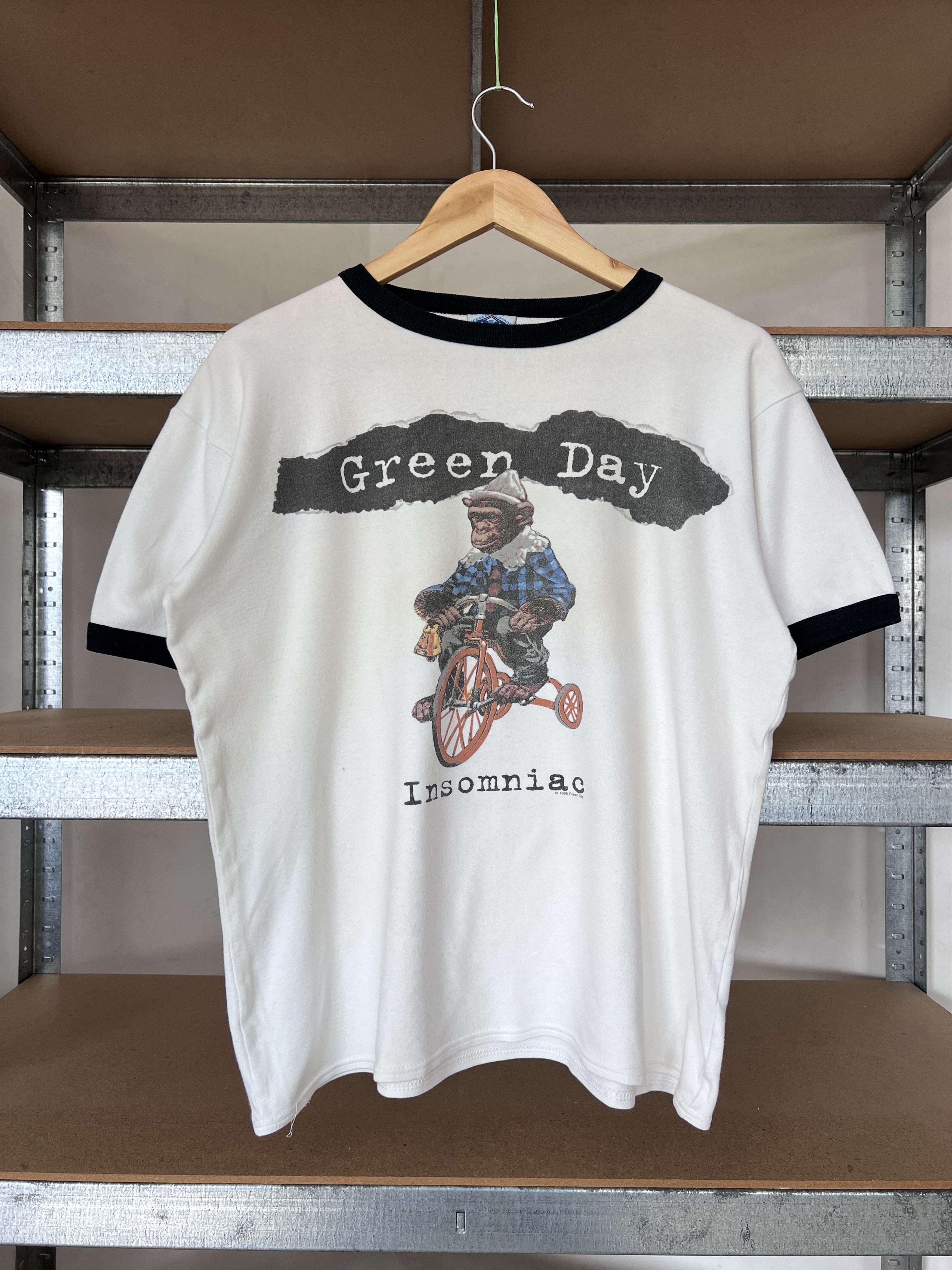 image of Band Tees x Rock T Shirt Green Day 1995 Vintage Rock Band Insomniac Tour Tee in White (Size Medium)