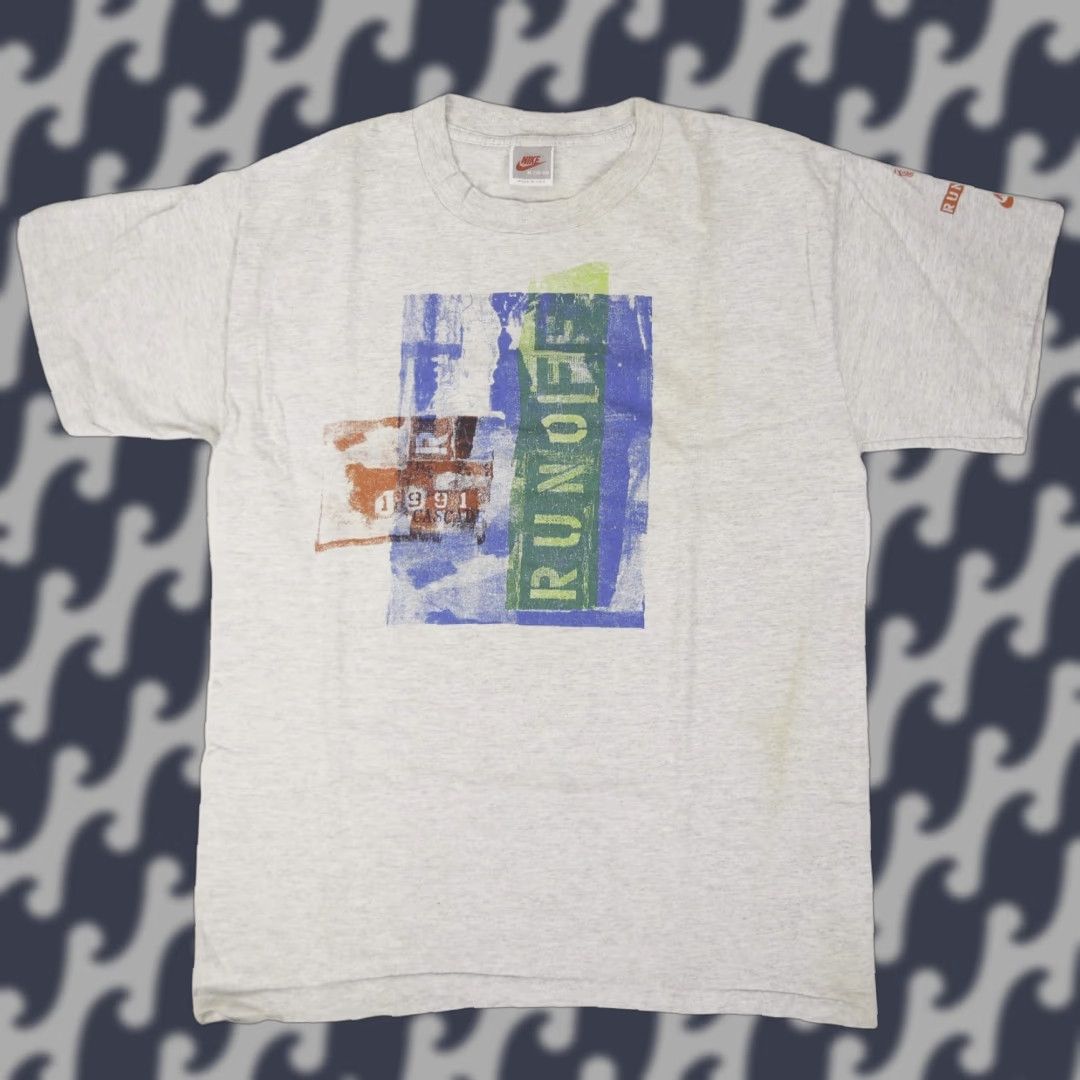 Nike VINTAGE Nike Shirt Mens Medium Gray 1991 Run Off Graphic Tee Made USA 90s Size US M / EU 48-50 / 2 - 1 Thumbnail