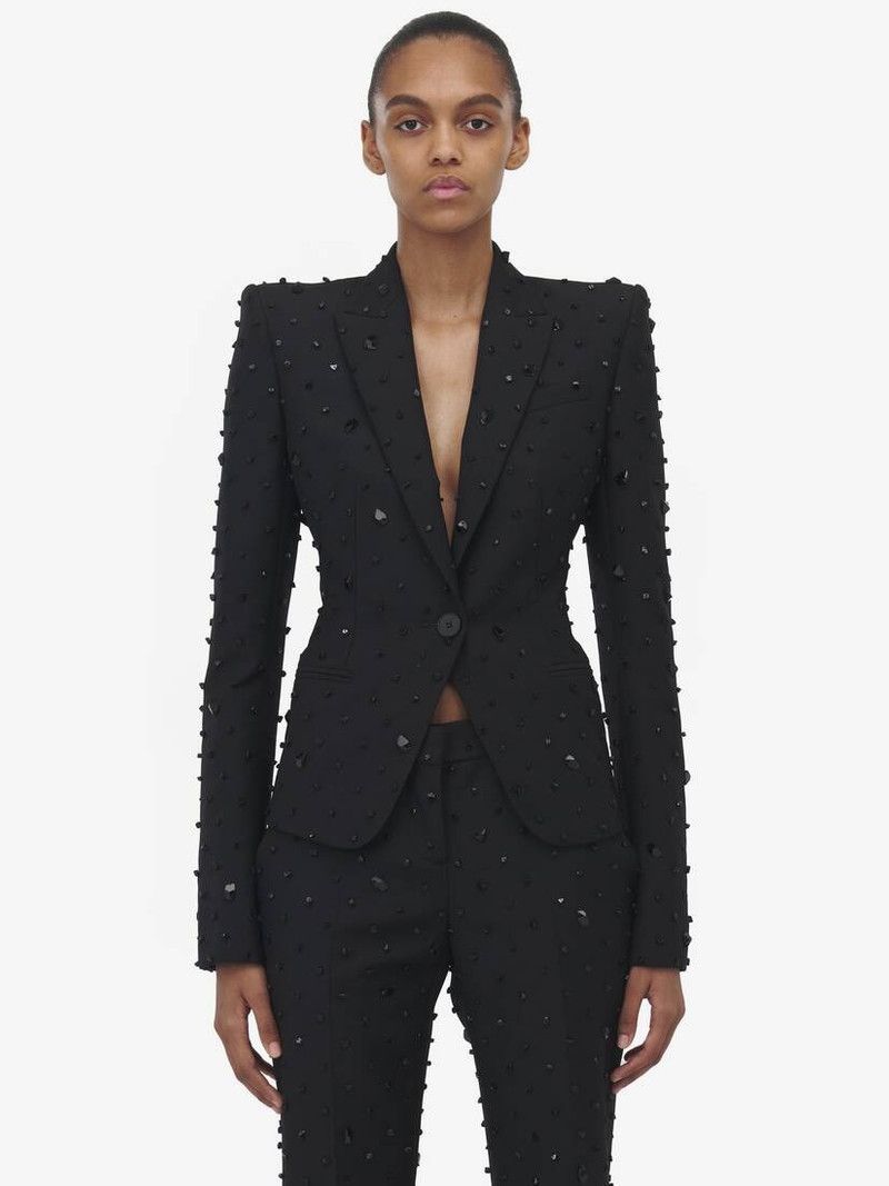 Alexander McQueen o1srvl11e0326 Shattered Jet Stone Embroidered Jacket Black Size XL / US 12-14 / IT 48-50 - 2 Thumbnail