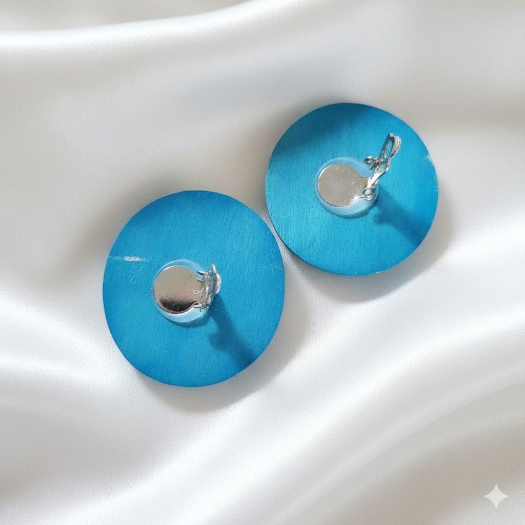 Handmade Artistic Button Earrings Clip On Turquoise Wood Brass Paint Size ONE SIZE - 6 Thumbnail