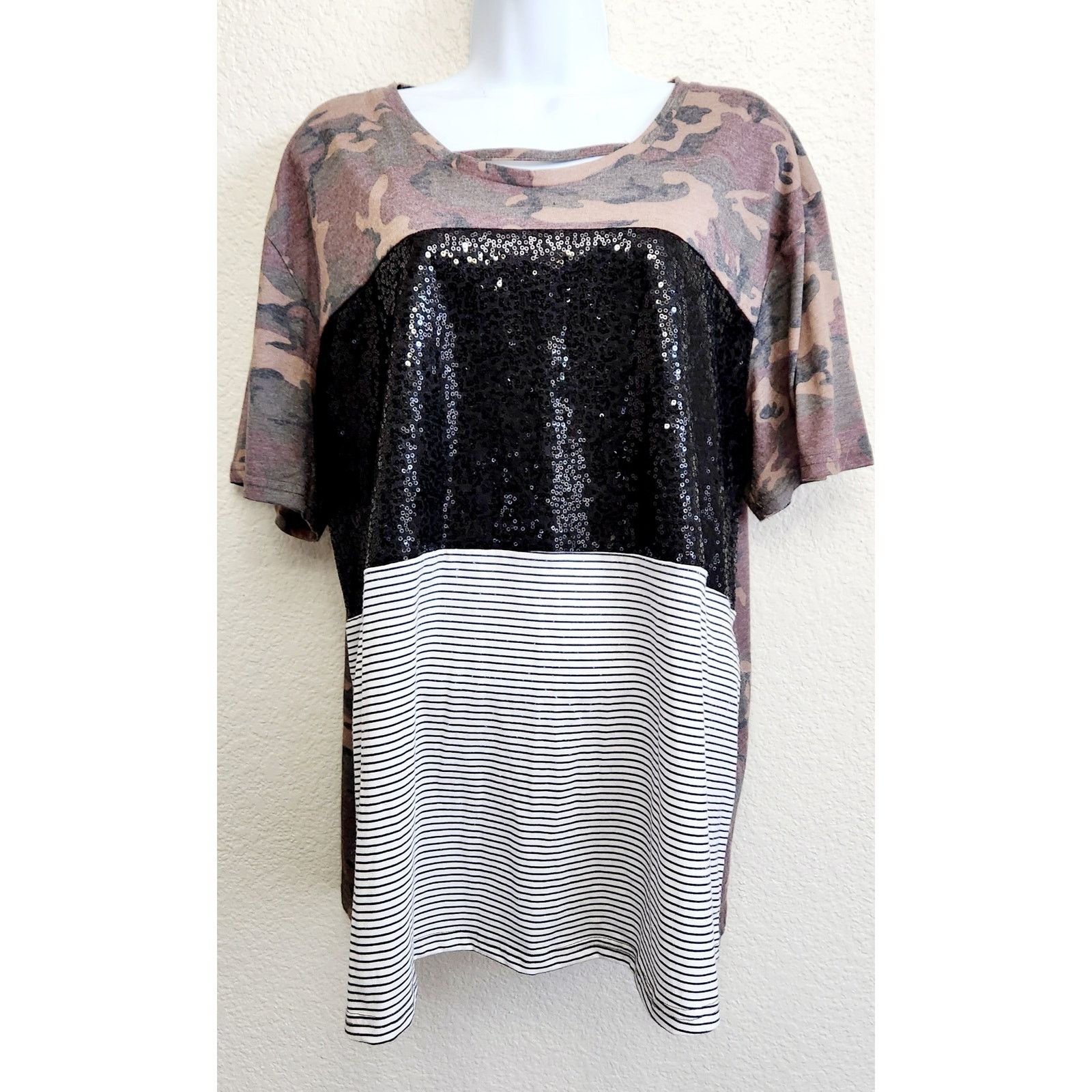 Other Southern Grace Brown Black Camo Striped Sequin Top 2XL Plus Size XXL / US 16-18 / IT 52-54 - 1 Thumbnail