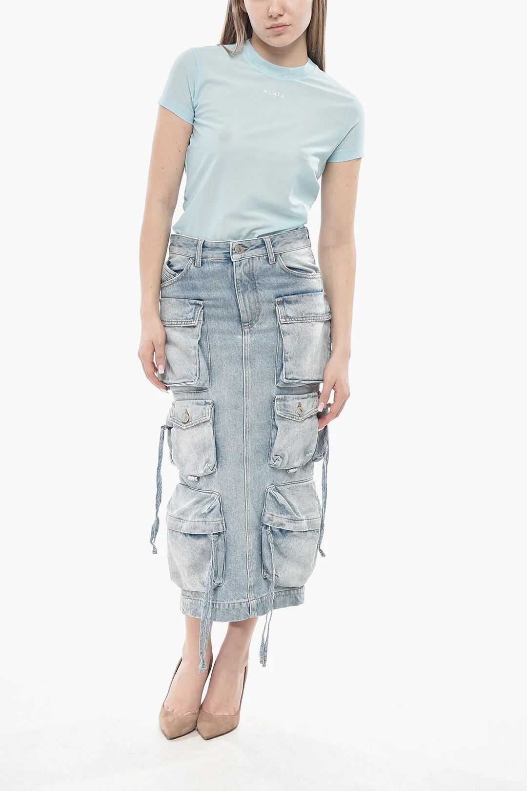 The Attico og1mm0426 Denim Midi Cargo Skirt in Light Blue Size 26" / US 2 / IT 38 - 4 Thumbnail