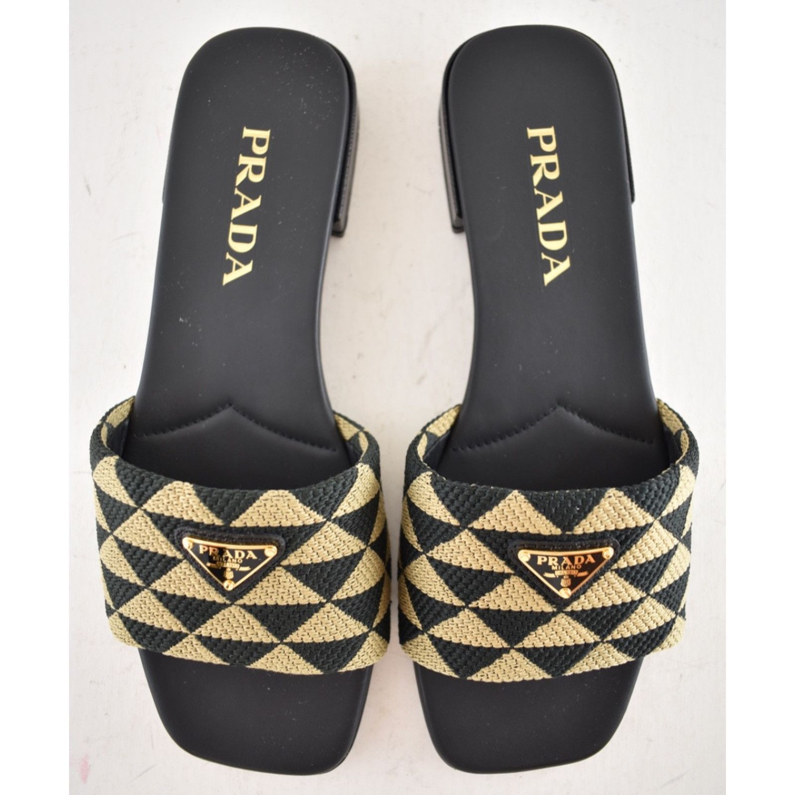 Prada Prada Jacquard Triangle Logo Black Beige Tan Leather Slide Size US 7.5 / IT 37.5 - 13 Thumbnail