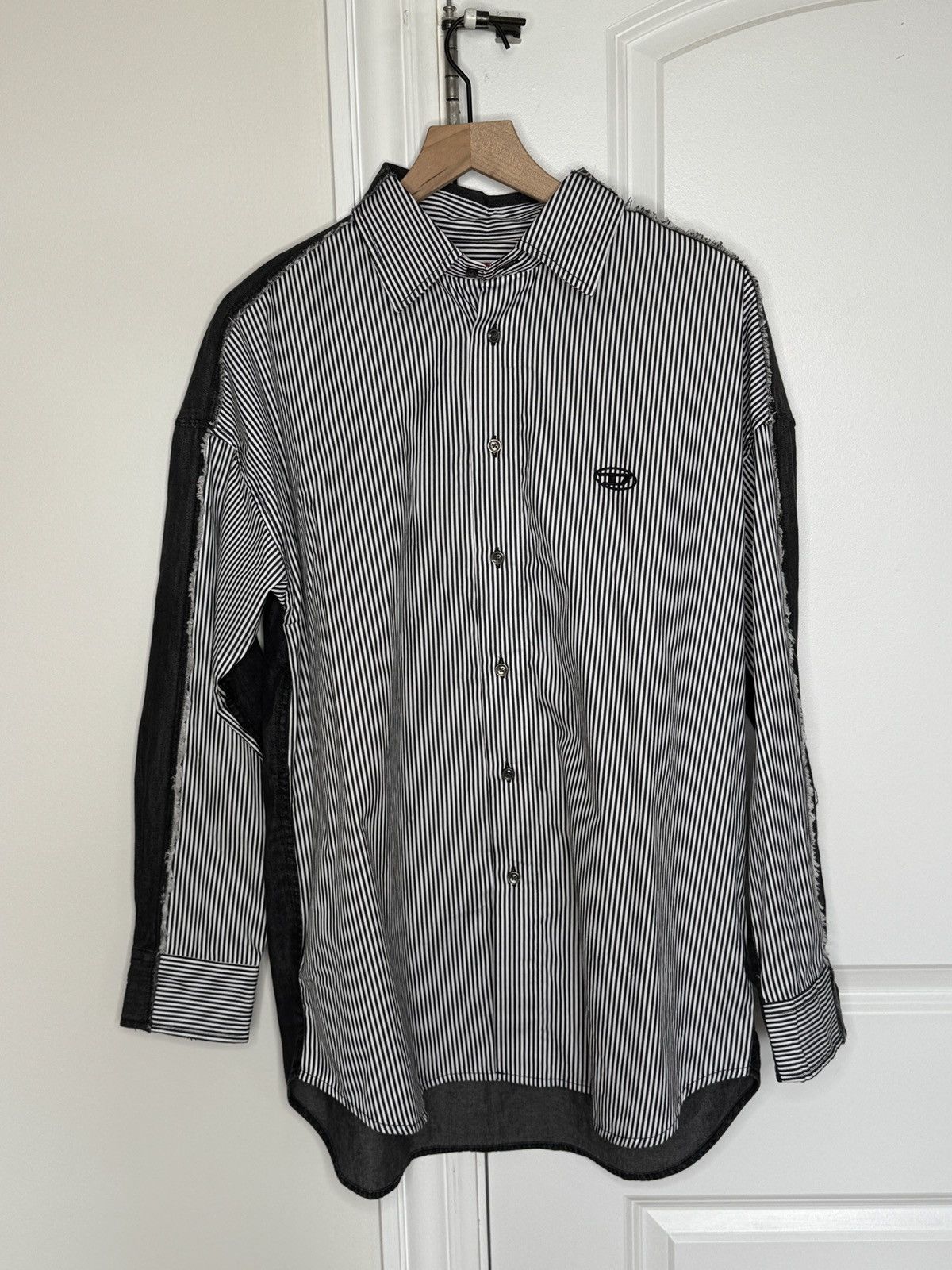 Denim/Cotton Sewn Together Striped Button Up