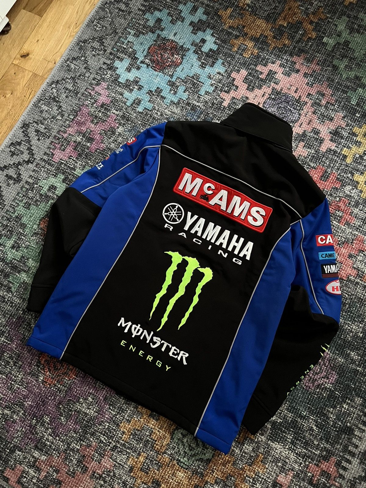 image of Gentle Monster x Moto Vintage Overprinted Clinton Adv Yamaha Mcams Monster Jacket in Blue (Size Med