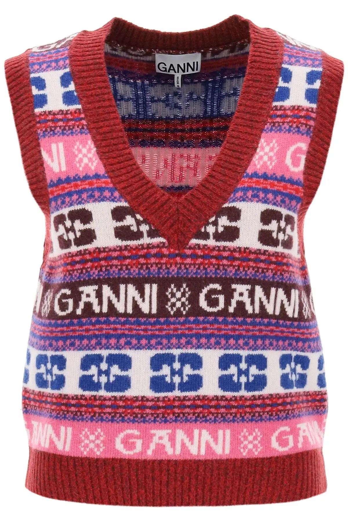 image of Ganni O1S22I1N1223 Jacquard Wool Vest In Multicolor, Women's (Size Small)