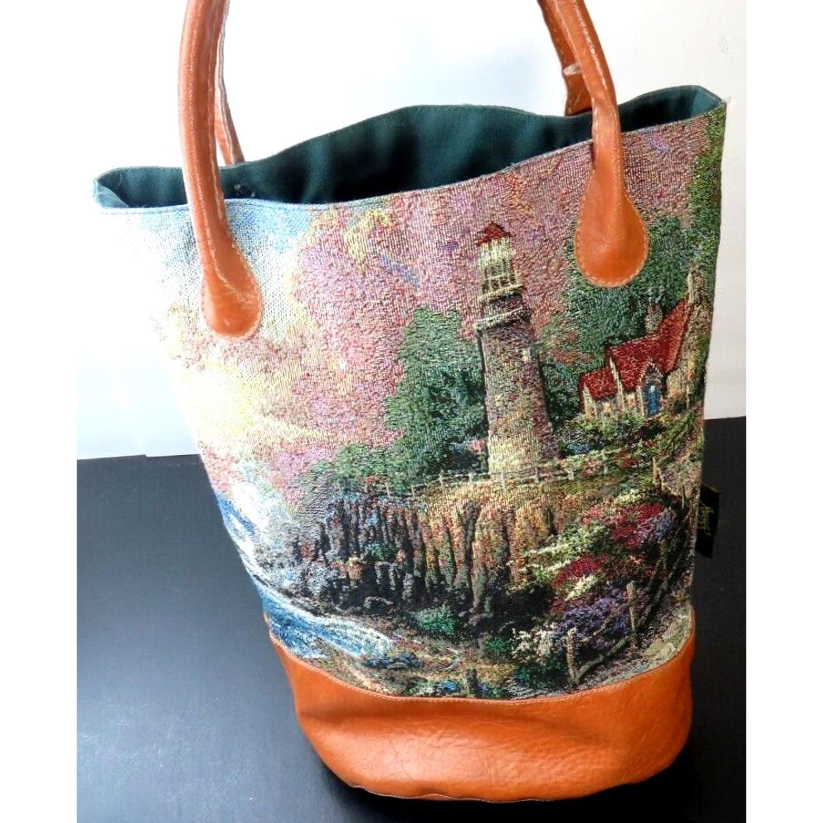 Vintage VINTAGE Thomas Kinkade Gregg Manufacturing Satchel/Top Handle Bag Rectangle 90s Beach Green Canvas with Lighthouse Scene Medium Womens Size ONE SIZE - 7 Thumbnail