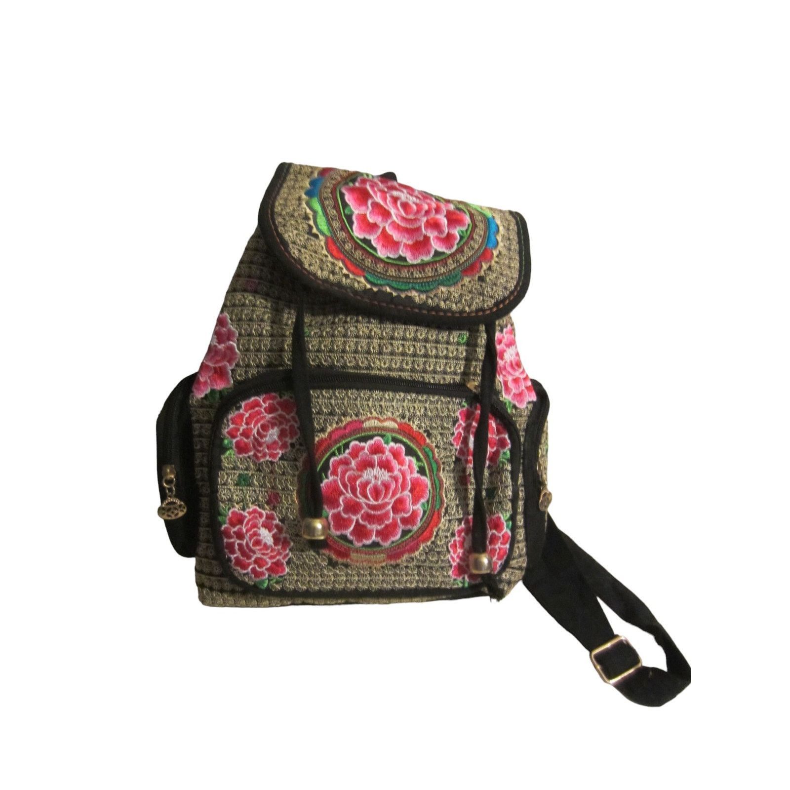 Vintage Boho Embroidered Floral Backpack Black Red Rose Folk Size ONE SIZE - 2 Thumbnail