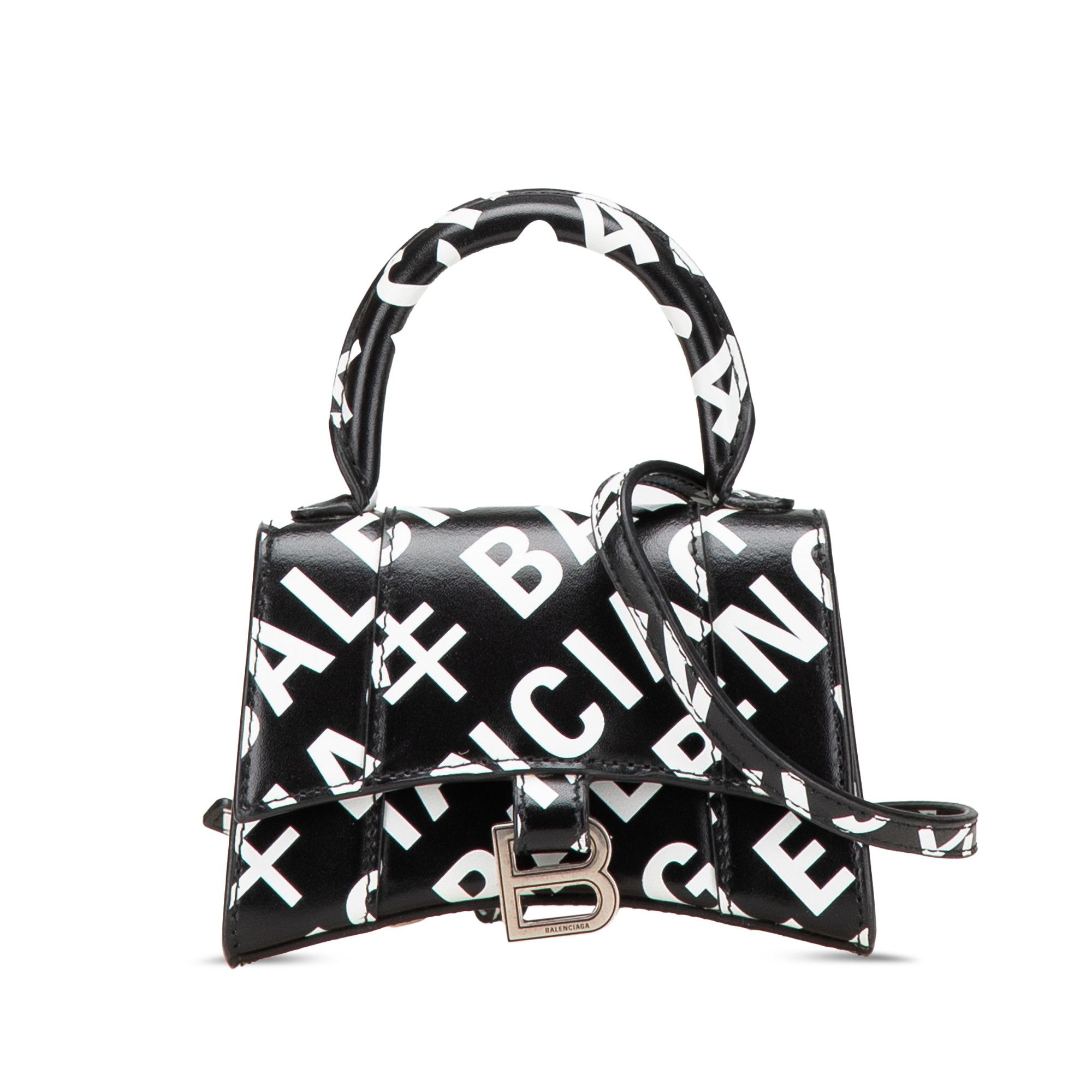 Balenciaga Mini Smooth Calfskin Allover Logo Print Hourglass Top Handle Bag in Black, Women's