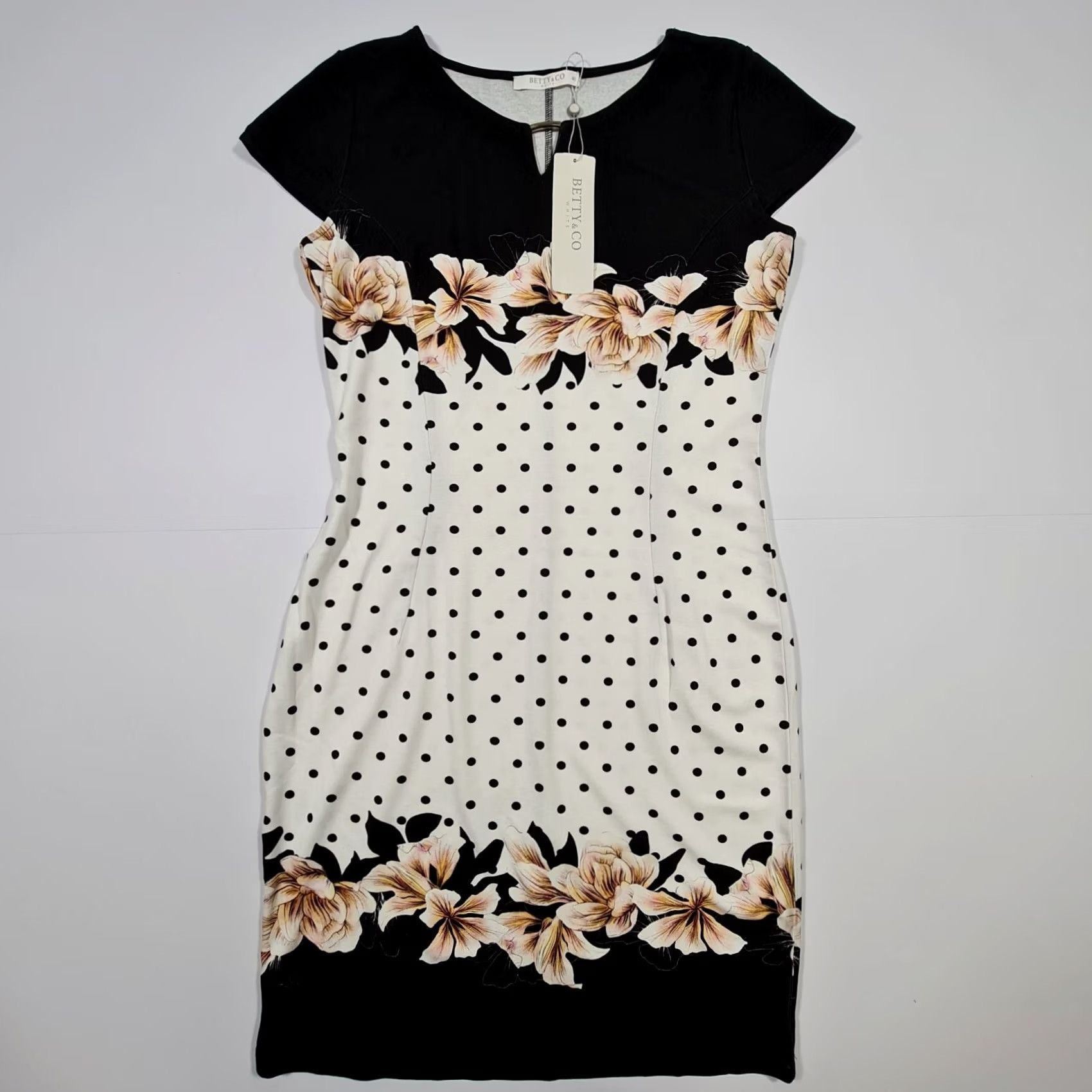 CO Betty & Co Womens Dress Black White Knee Length Floral Bodycon 14 UK Round Neck Short Sleeve Pullover Casual Womens Dress Size XL / US 12-14 / IT 48-50 - 2 Thumbnail
