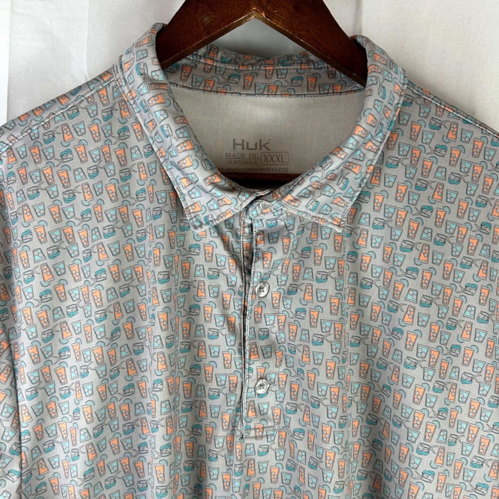 Vintage Huk Polo Shirt Mens XXXL Grey Multi Cocktail Print Performance All Over Print Polo Shirt Mens XXXL Grey Multi Cocktail Print Size US XXL / EU 58 / 5 - 2 Thumbnail