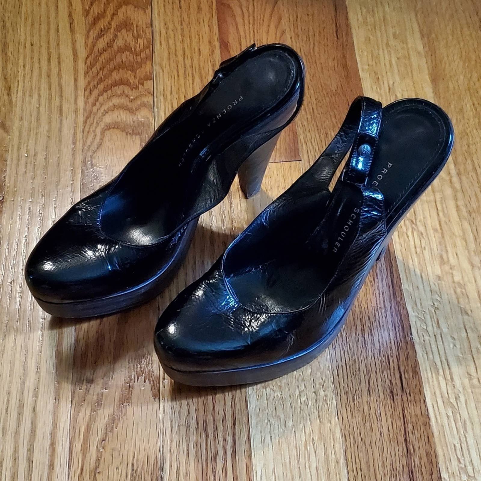 image of Proenza Schouler Black Patent Leather Platform Slingbacks Shoes, Women's (Size 8.5)