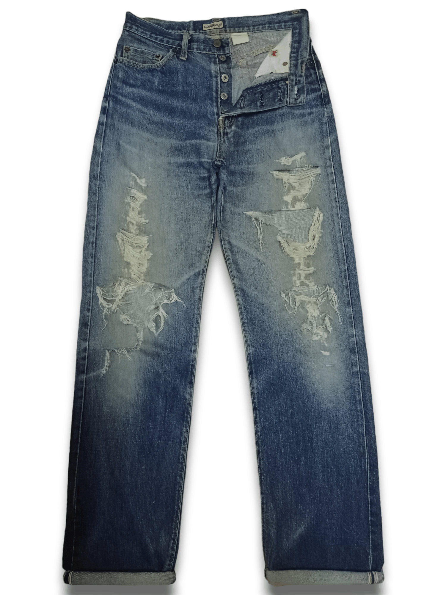 image of Vintage Chevignon Blue Wash Distressed Selvedge Baggy Jeans, Men's (Size 28)