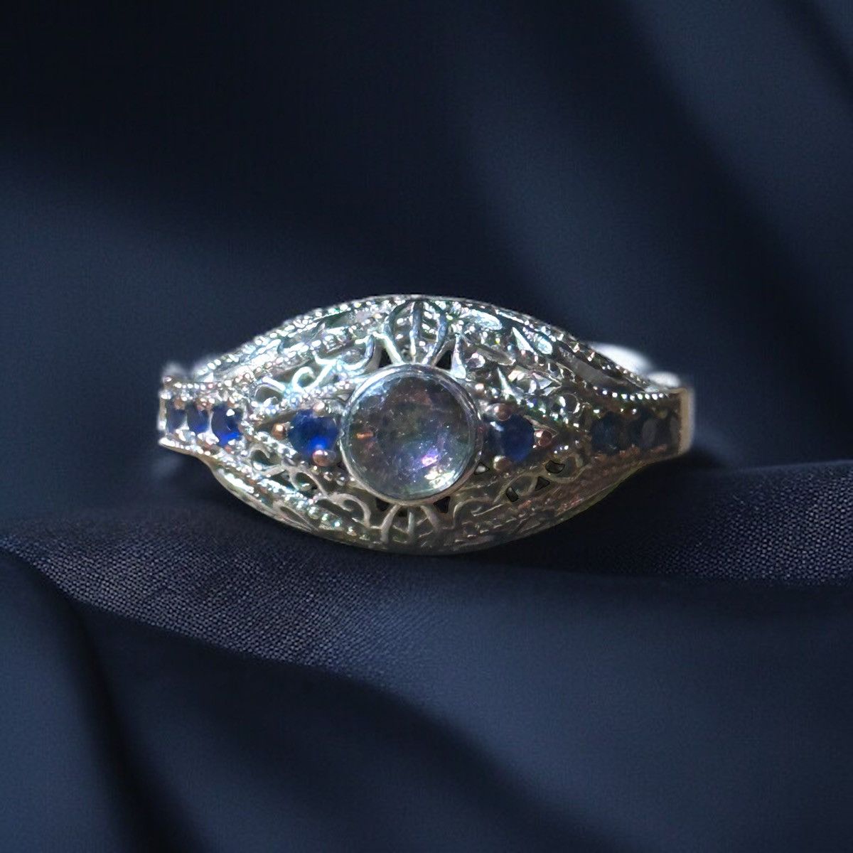 Vintage Vintage silver tone AB and blue rhinestone filigree ring Size ONE SIZE - 1 Thumbnail