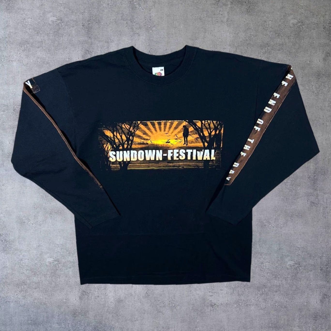 Fruit Of The Loom Sundown Festival Heavy Metal Band Festival Long Sleeve T-Shirt Black Large Shirt Men L Black Graphic logo Front Sleeve Back 90s Decode Size US L / EU 52-54 / 3 - 2 Thumbnail