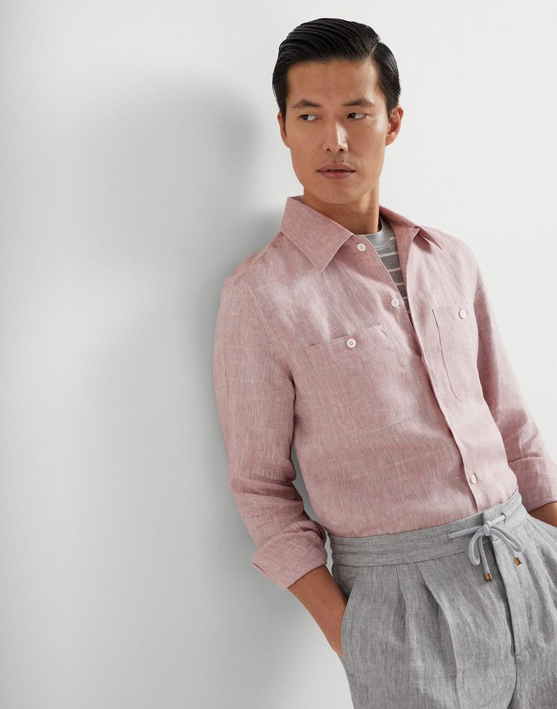 Brunello Cucinelli o1la1rc1a0326 Linen Easy Fit Shirt With Chest Pockets Pink Size US XL / EU 56 / 4 - 4 Thumbnail