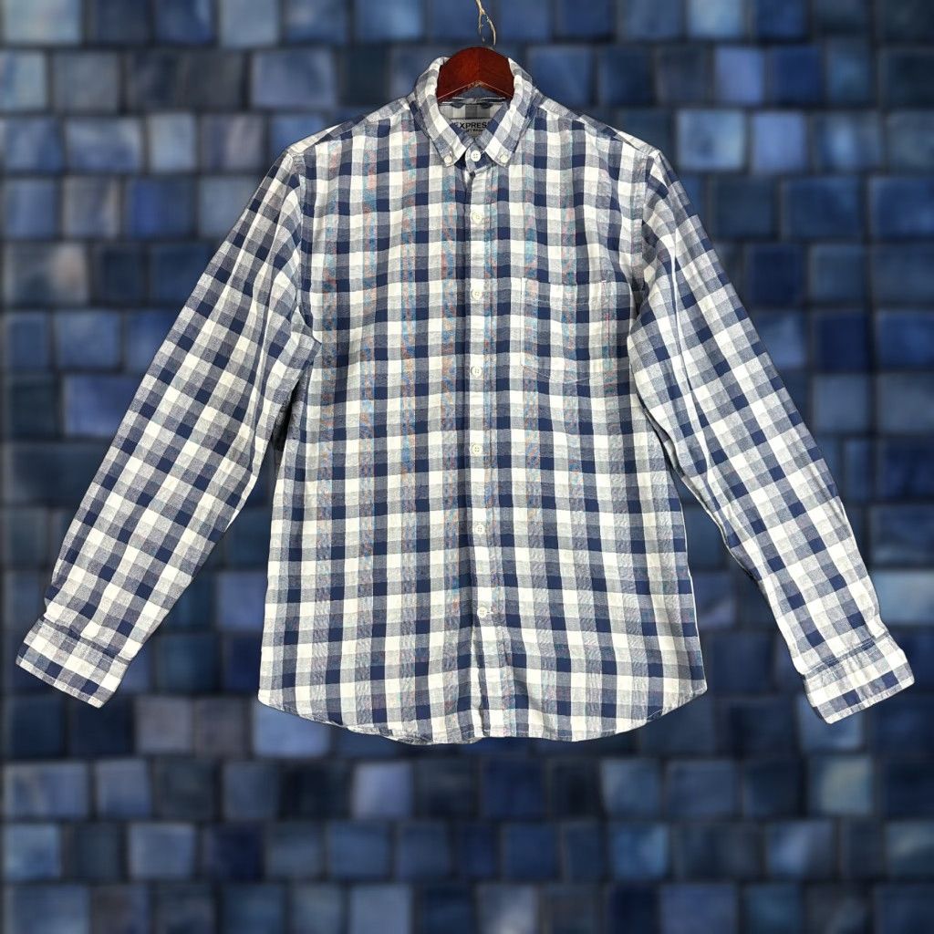 Express Express Shirt Button-Down Mens M Blue Check Long Sleeve Pocket Modern Classic Size US M / EU 48-50 / 2 - 1 Thumbnail