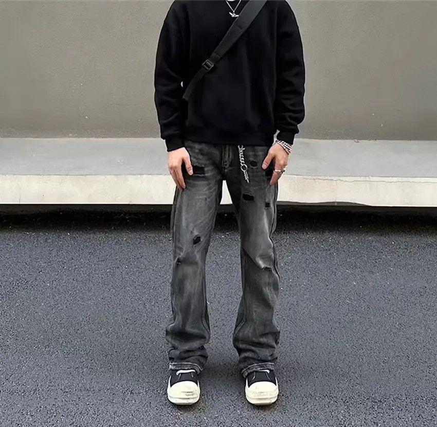 Designer × Japanese Brand Black ripped washed and distressed baggy denim pants Size US 33 - 2 Thumbnail