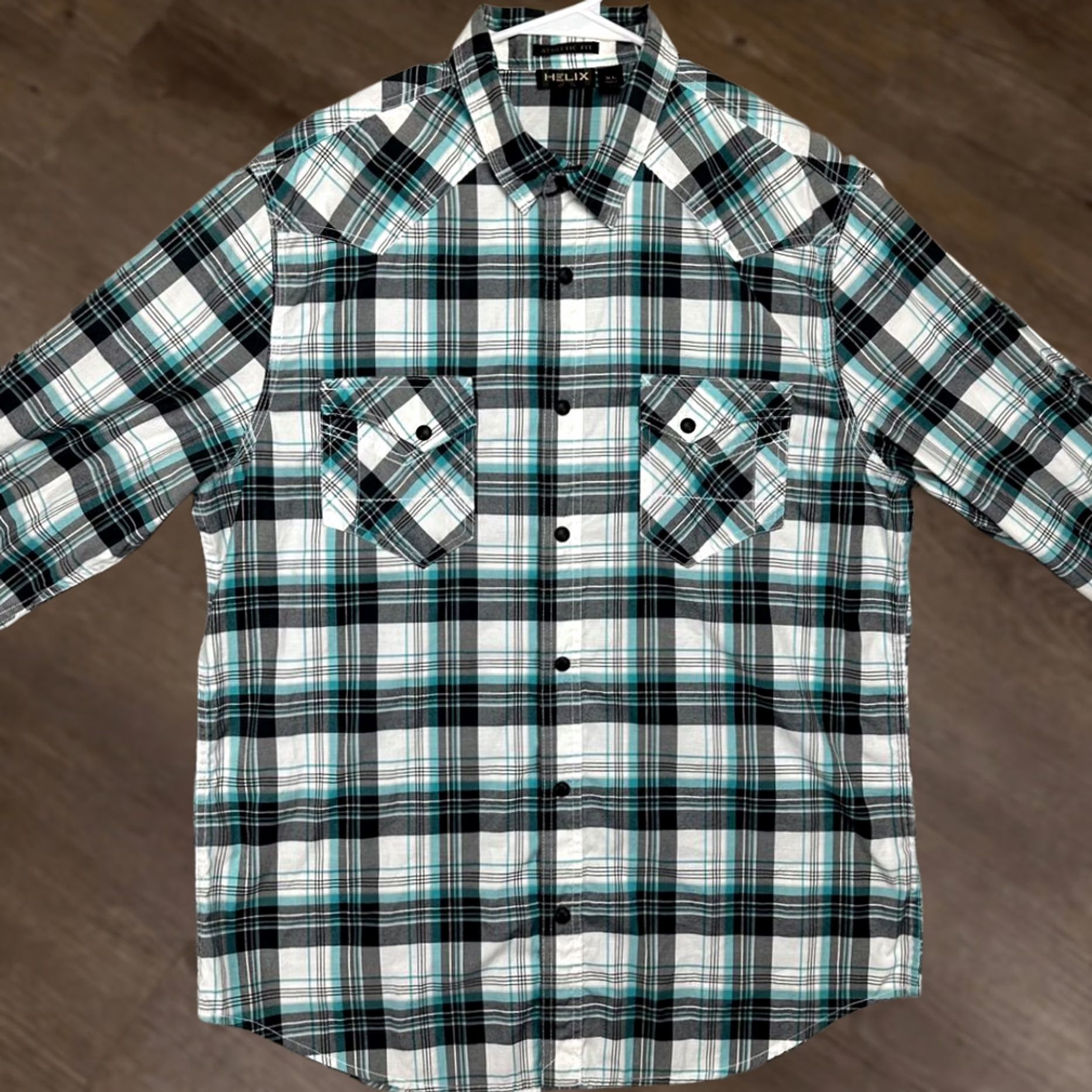 Vintage Helix Shirt Mens XL Blue White Plaid Athletic Fit Button Up Pocket Size US XL / EU 56 / 4 - 1 Thumbnail