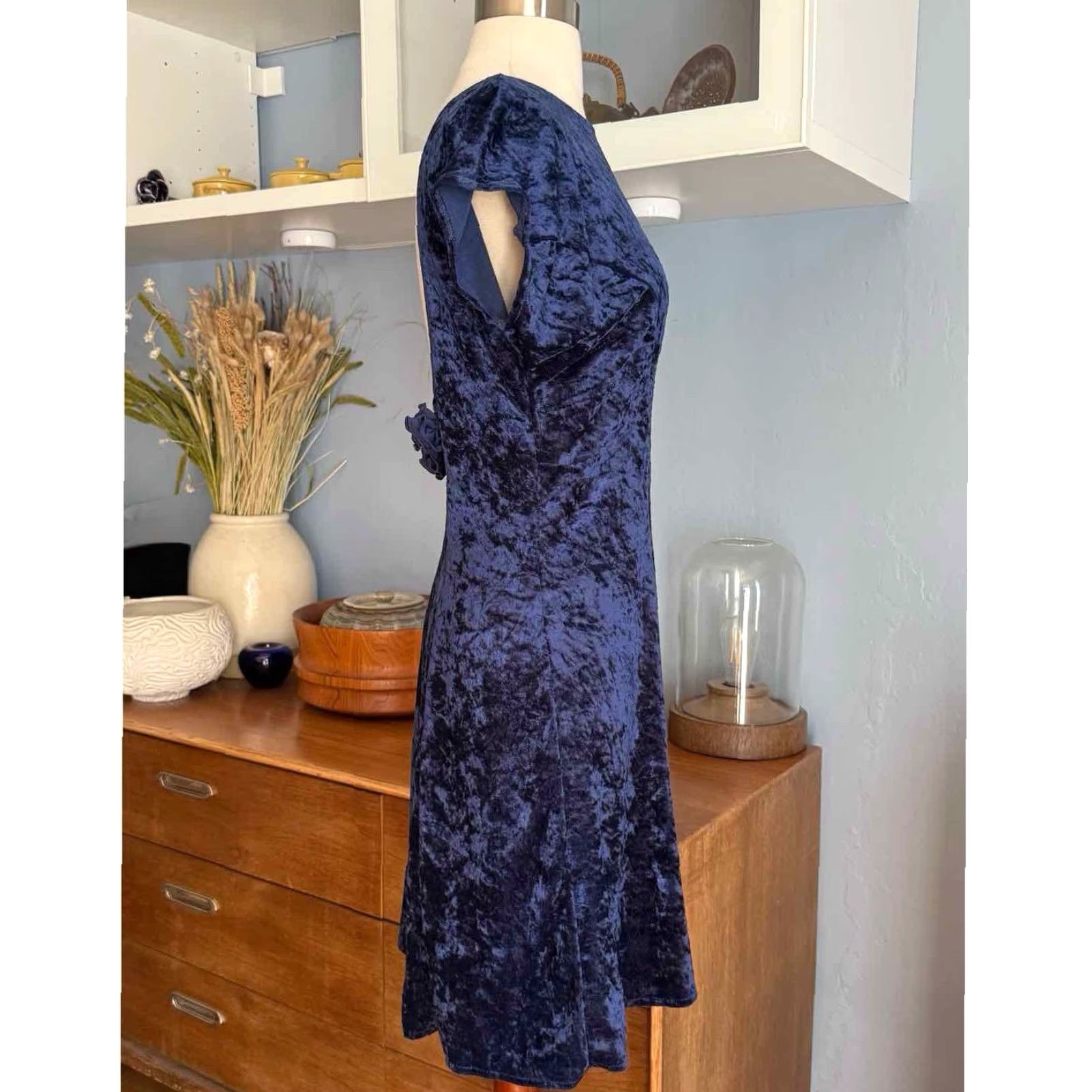 Vintage VINTAGE All That Jazz Dress Whimsygoth 90s Blue Crushed Velvet Mini Fit & Flare Short Sleeve Size M / US 6-8 / IT 42-44 - 5 Thumbnail