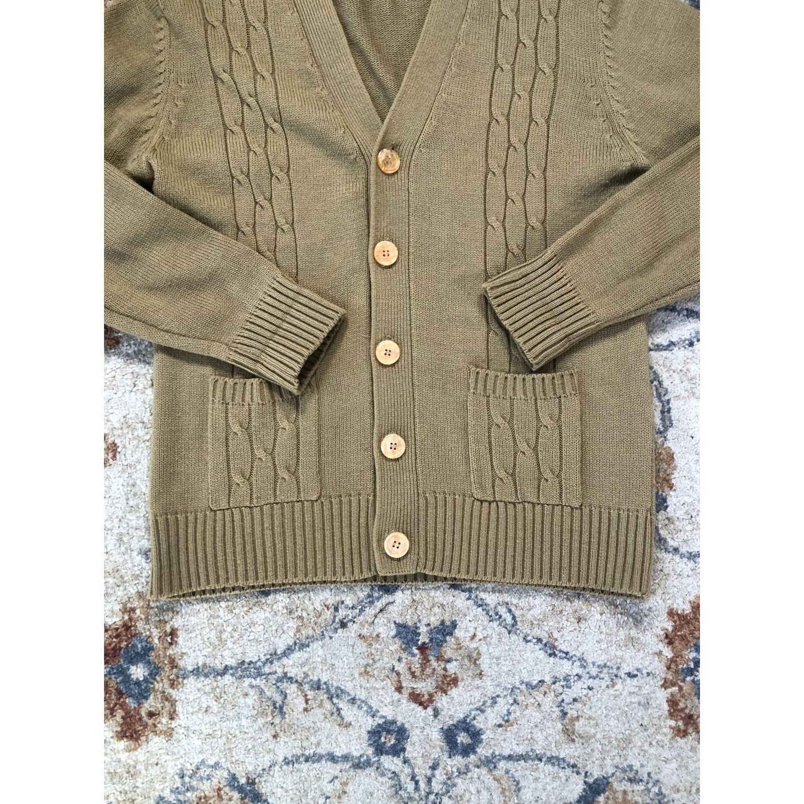 JCPenney VINTAGE JCPenney Sweater Cardigan Mens Large Green Cable-Knit Pockets 80s Size US L / EU 52-54 / 3 - 5 Thumbnail