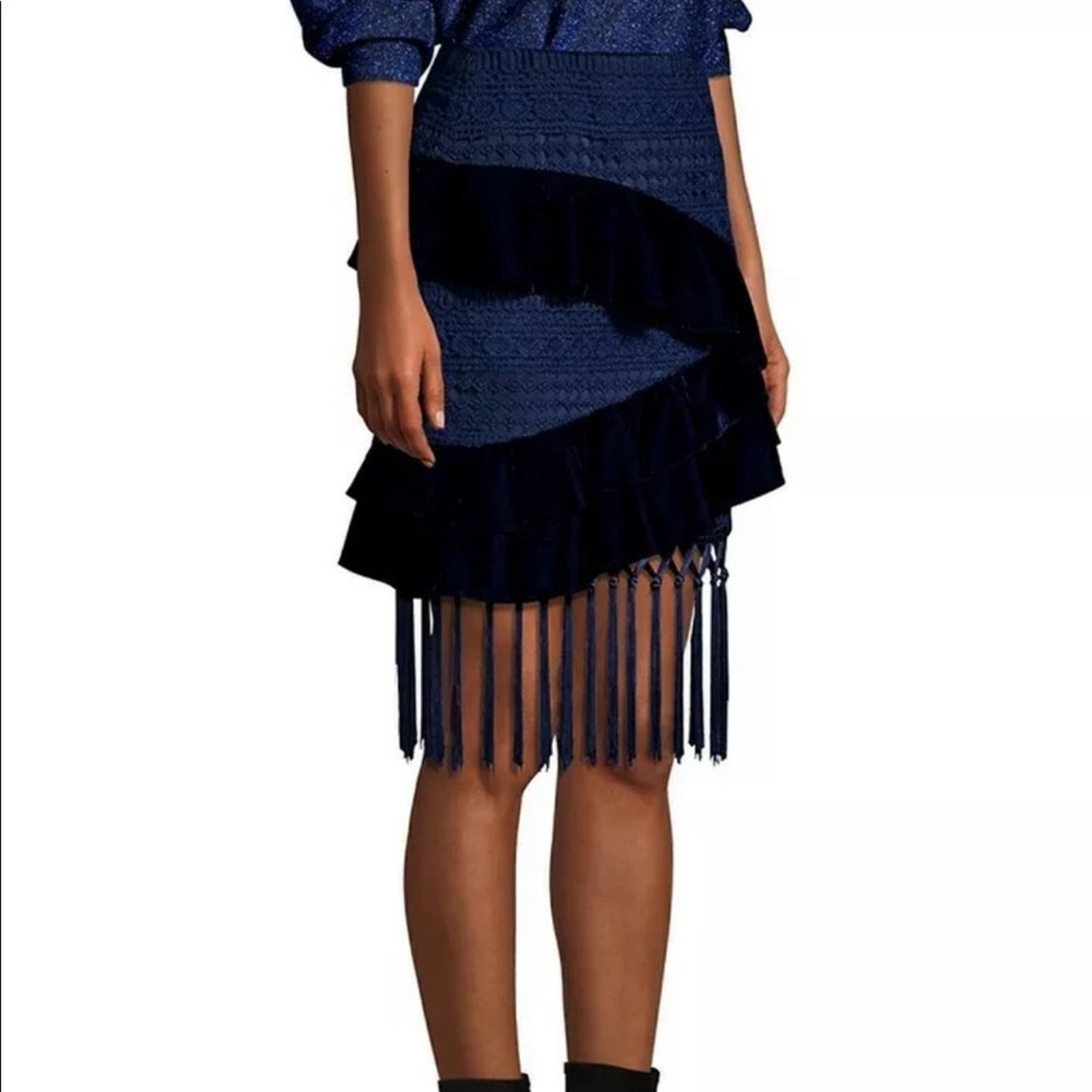Other PatBo navy velvet and crochet fringe skirt size 0 brazil 32 Size 25" / US 0 / IT 36 - 1 Thumbnail