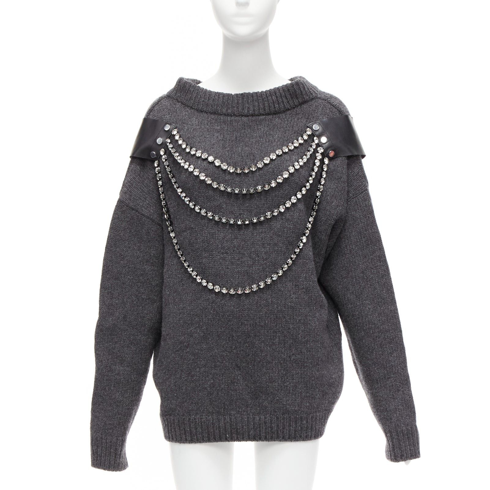 Image of Christopher Kane Grey Wool Rhinestone Chain Harness Oversized Sweater Dress Xs, Women's (Size Small