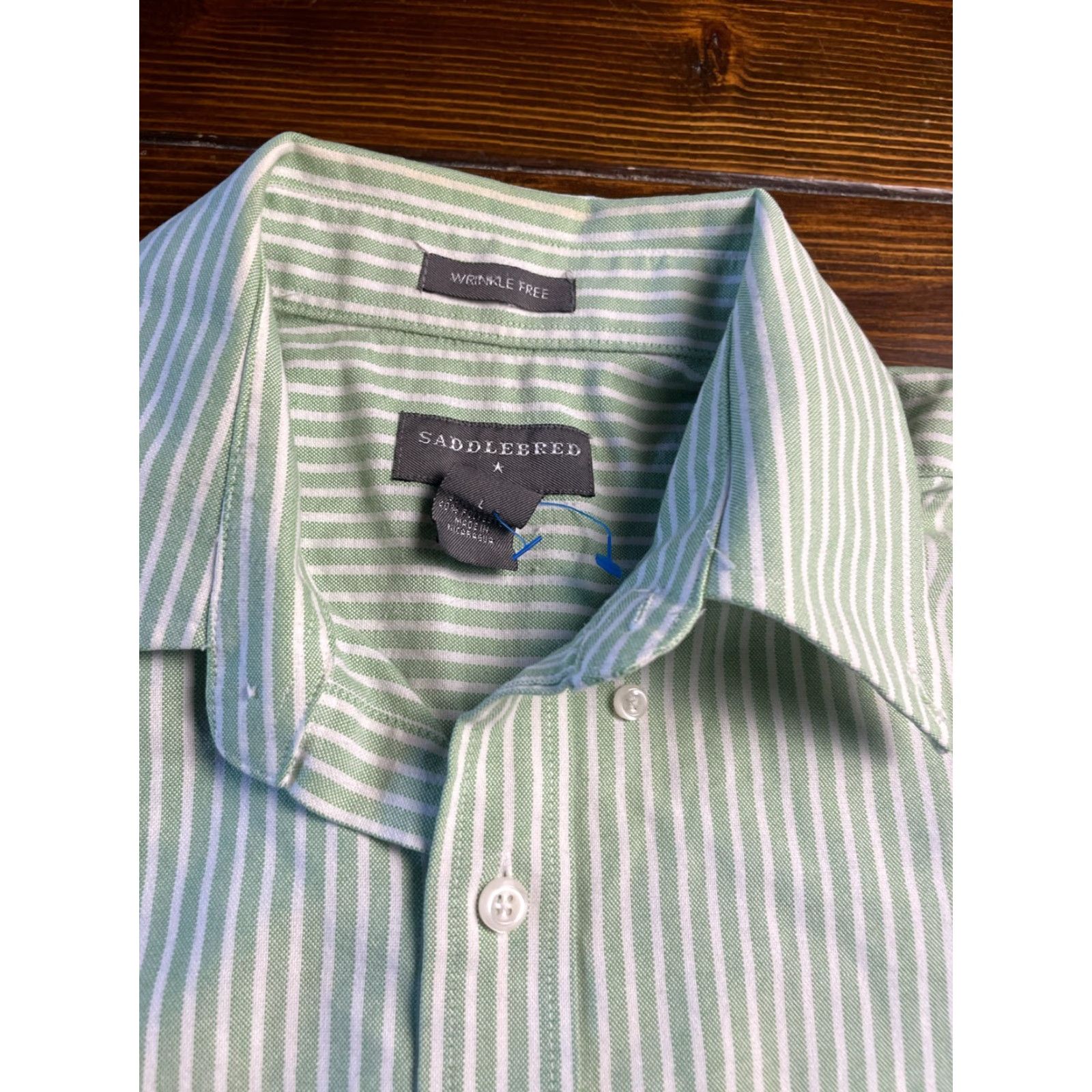 Vintage Saddlebred Shirt, Mens Size Large, Green White Striped, Button Up, Wrinkle Free, Short Sleeve, Collared, Regular, Boys? Mens. Size US L / EU 52-54 / 3 - 3 Thumbnail